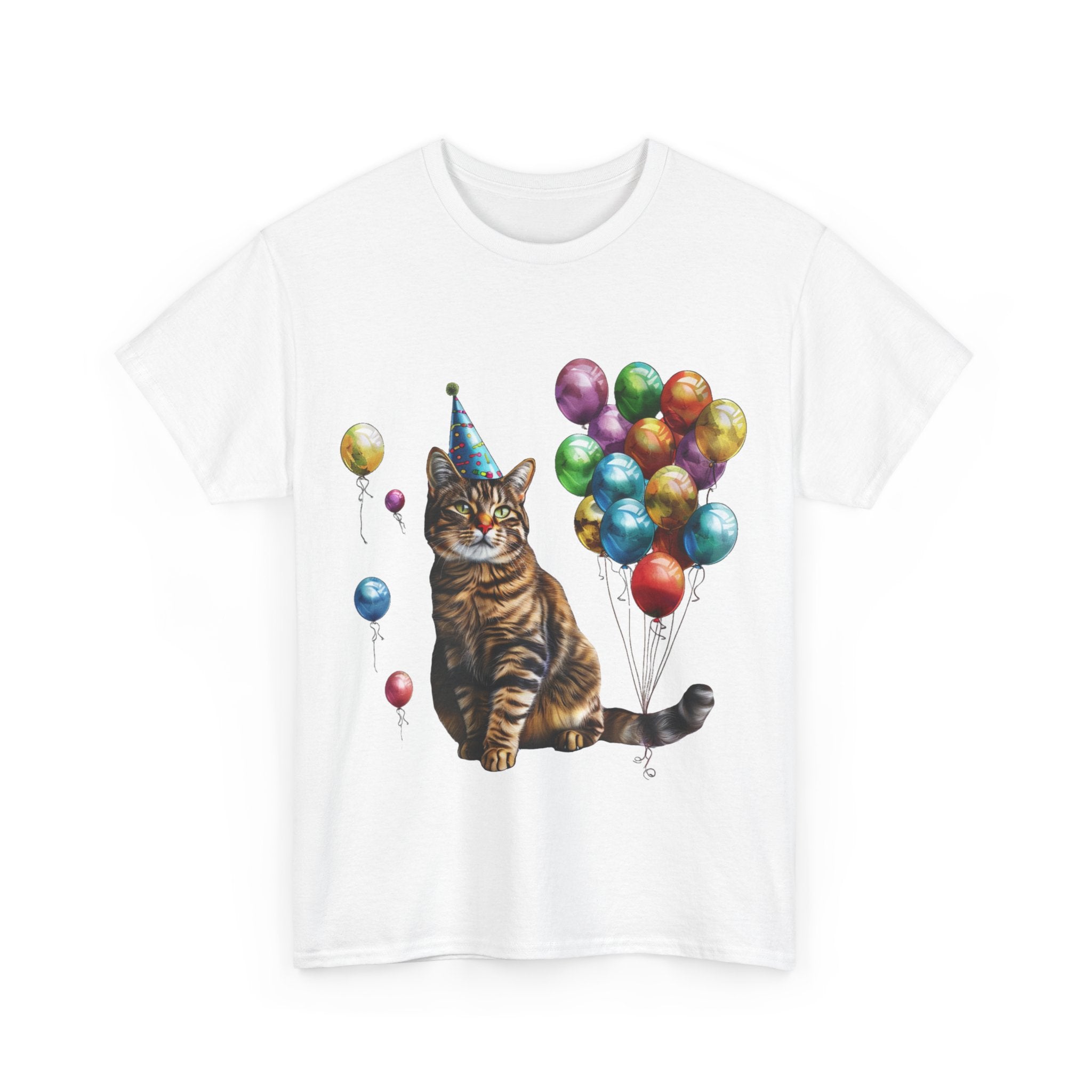 Printify T-Shirt Birthday Cat with Balloons – Celebrate in Feline Style!