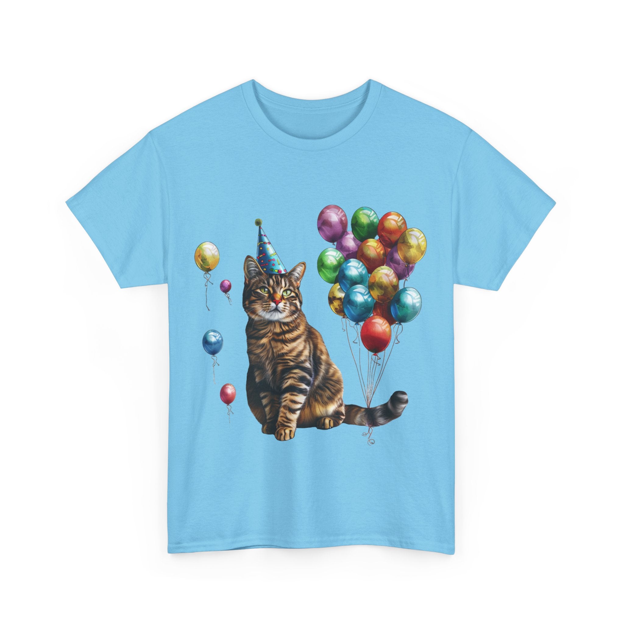 Printify T-Shirt Birthday Cat with Balloons – Celebrate in Feline Style!