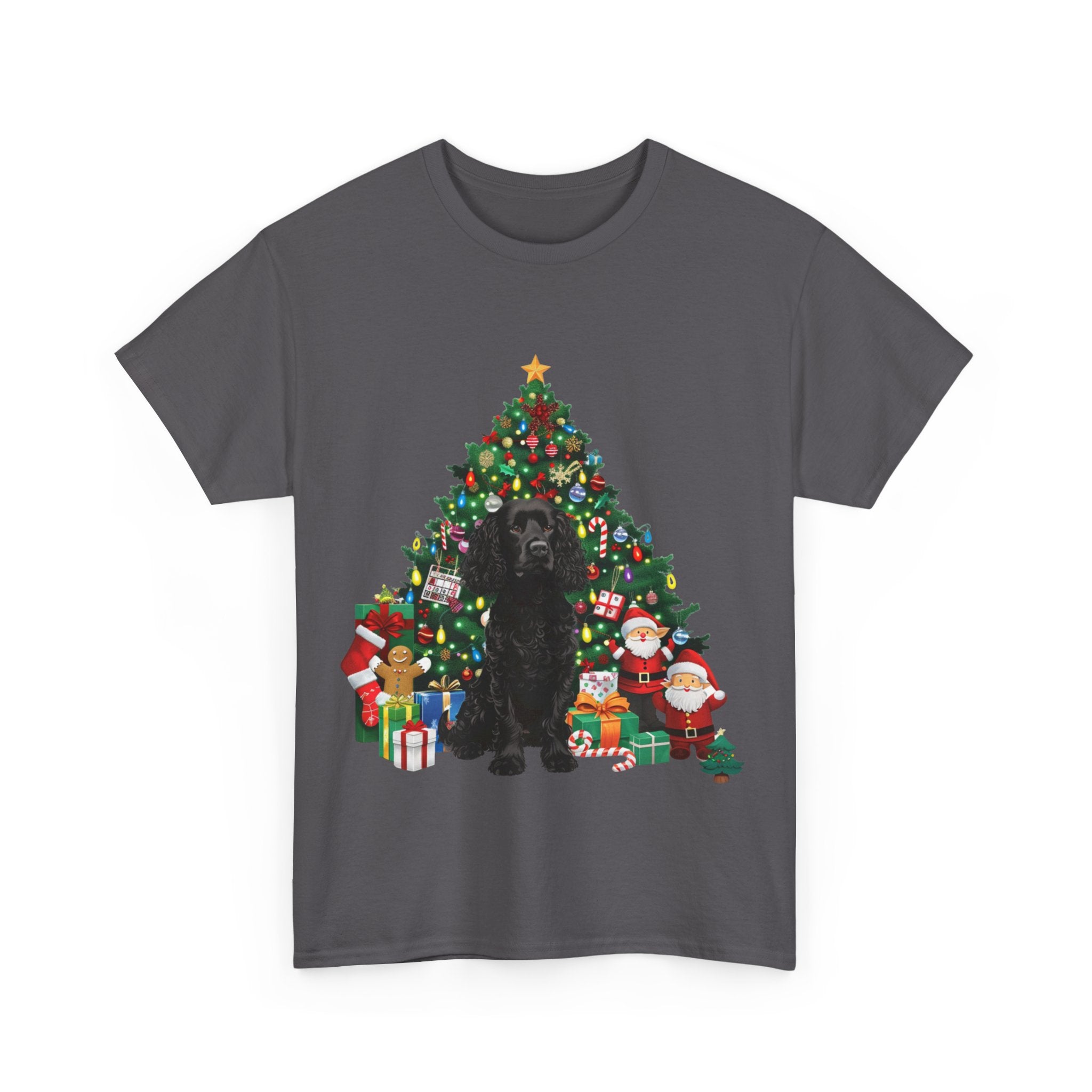 Printify T-Shirt Black Cocker Spaniel with Christmas Tree and Santa – Festive Holiday Dog Art