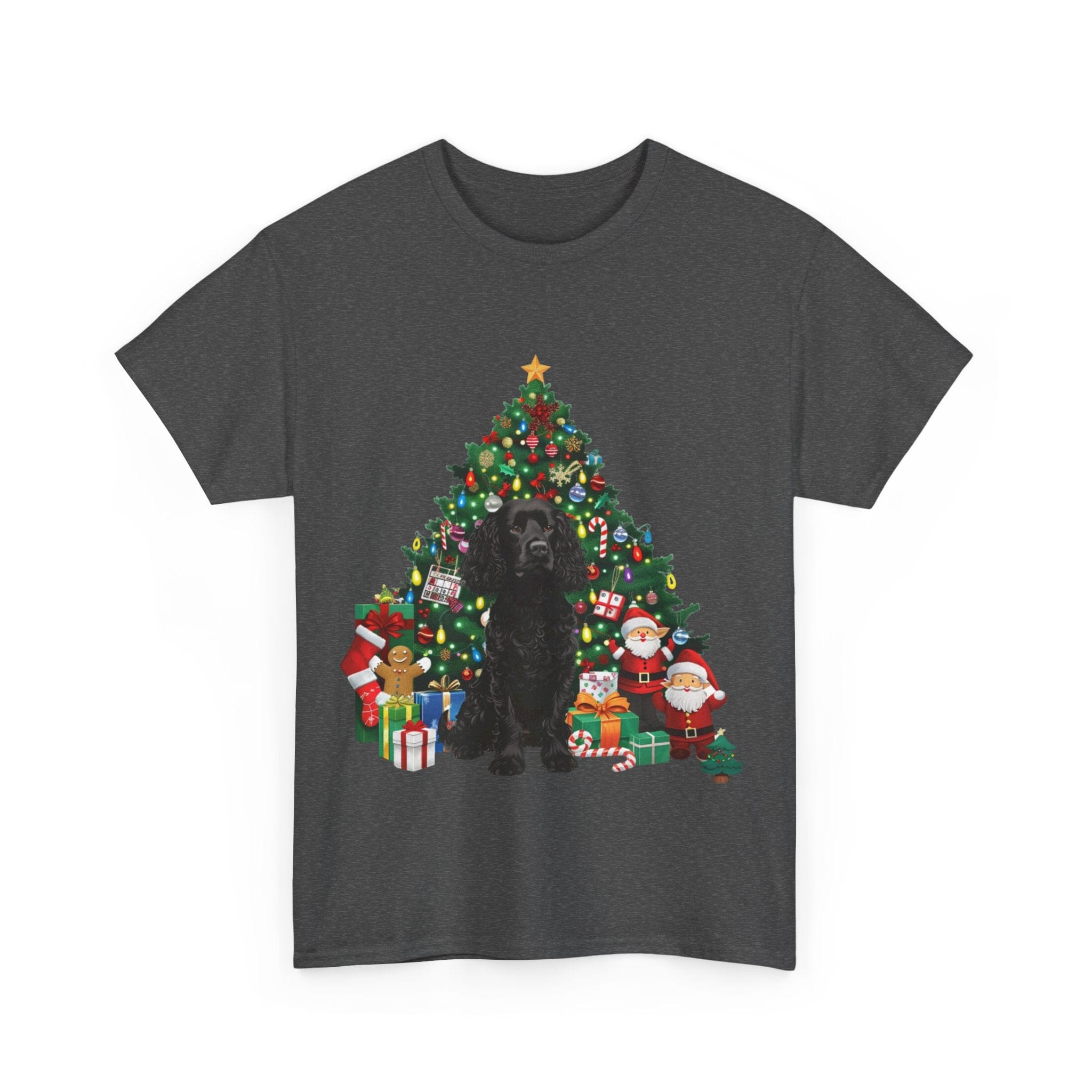 Printify T-Shirt Black Cocker Spaniel with Christmas Tree and Santa – Festive Holiday Dog Art