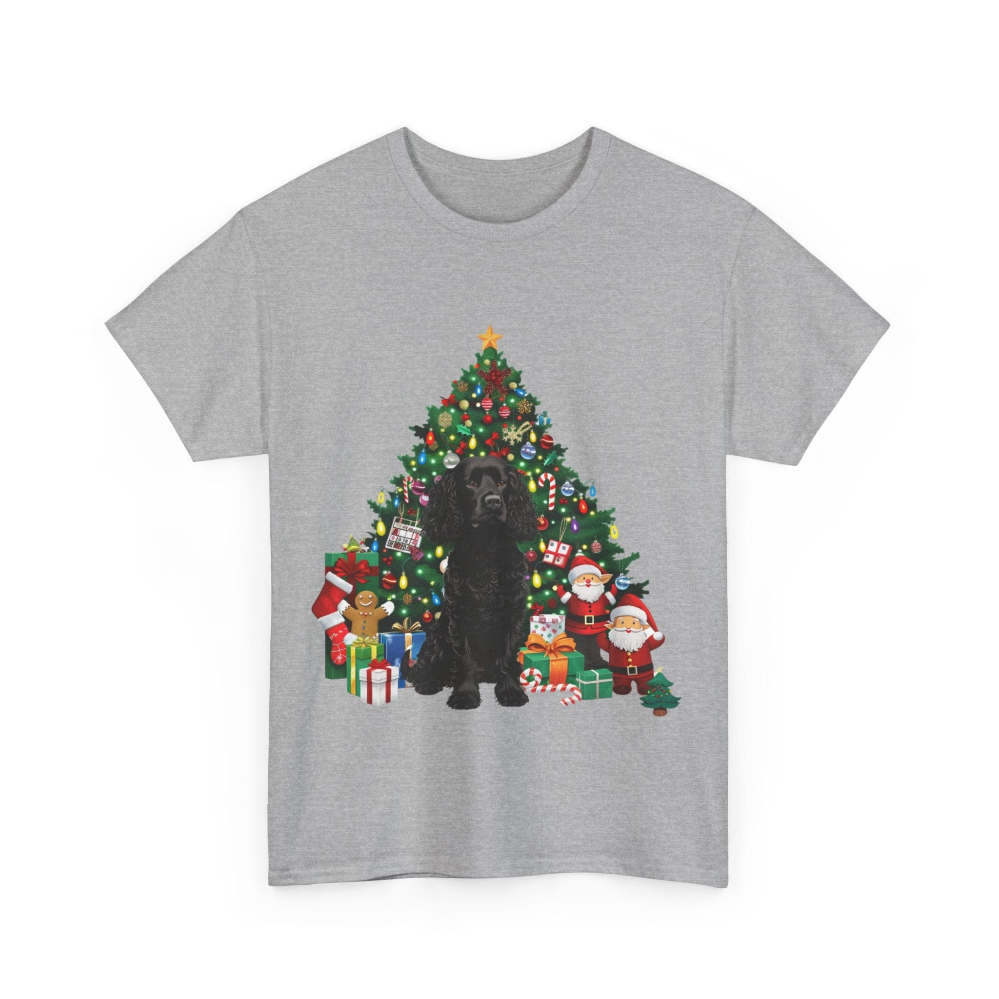 Printify T-Shirt Black Cocker Spaniel with Christmas Tree and Santa – Festive Holiday Dog Art