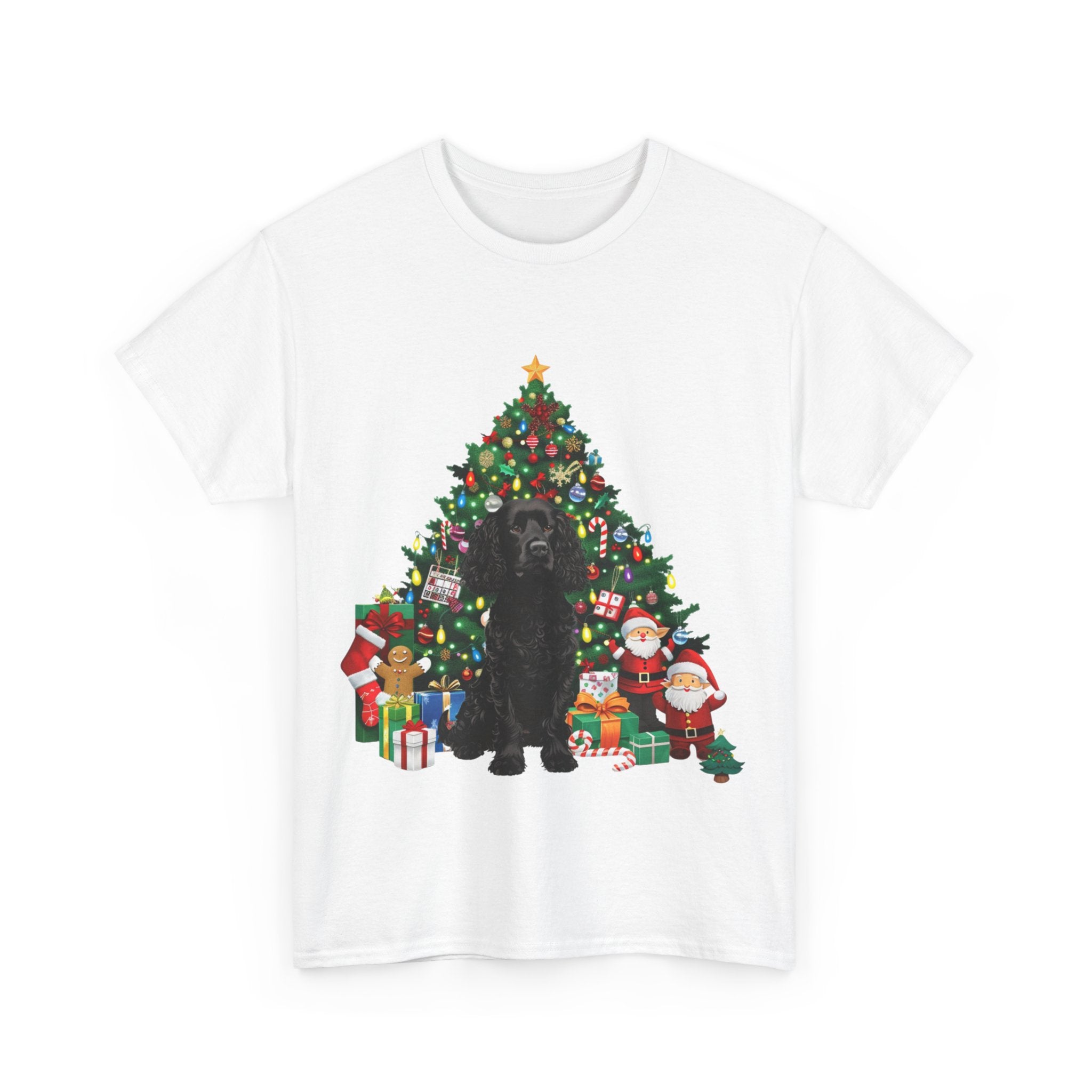 Printify T-Shirt Black Cocker Spaniel with Christmas Tree and Santa – Festive Holiday Dog Art