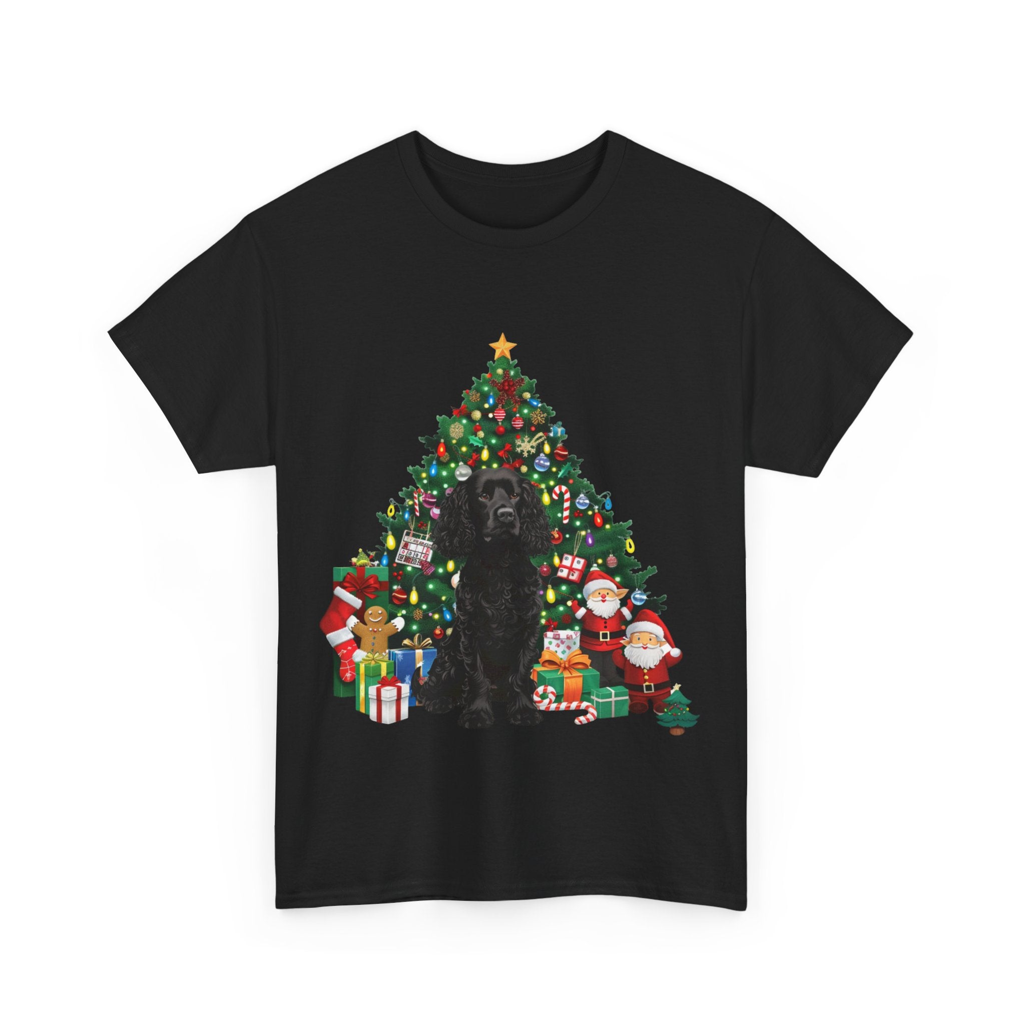 Printify T-Shirt Black Cocker Spaniel with Christmas Tree and Santa – Festive Holiday Dog Art