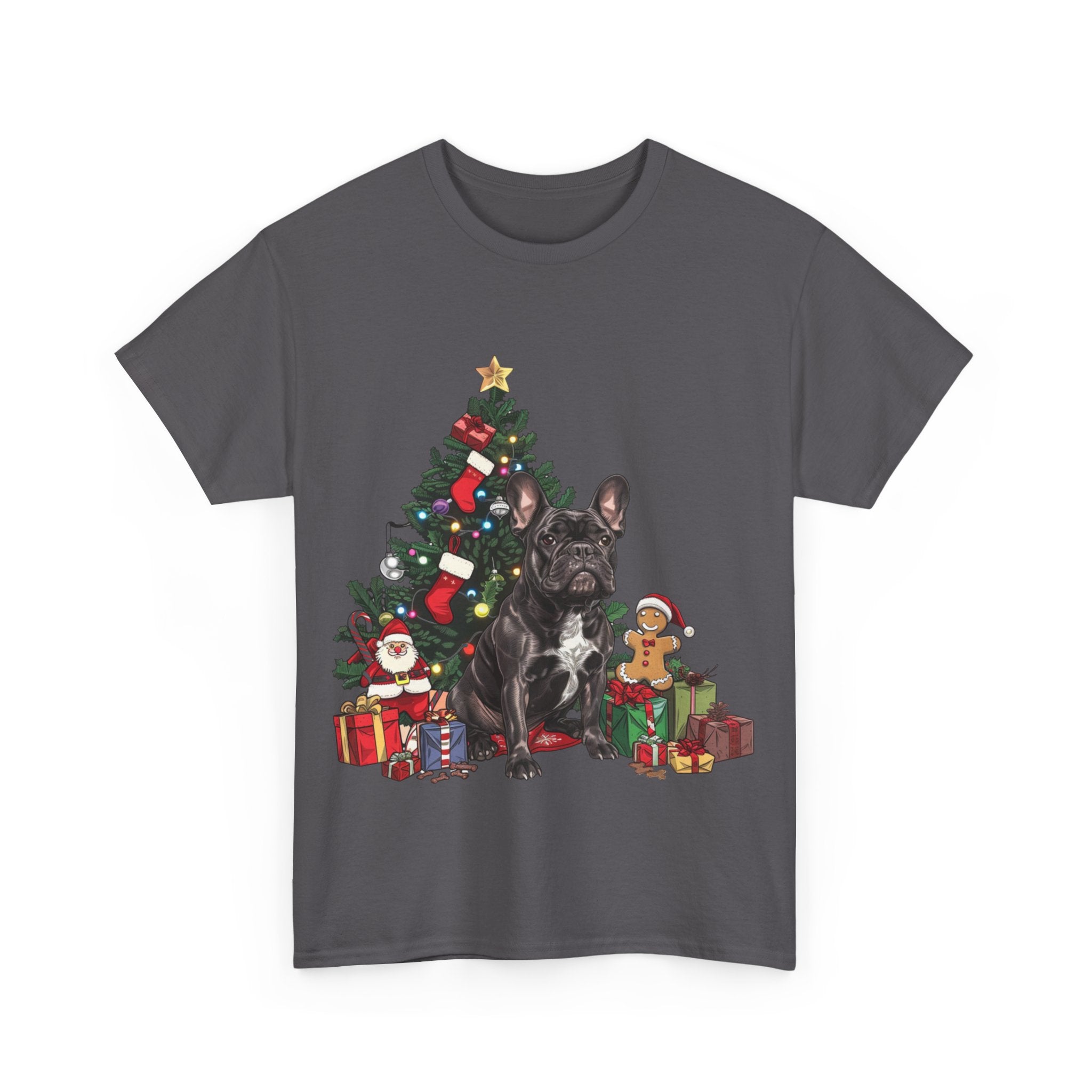 Printify T-Shirt Black French Bulldog with Christmas Tree and Gifts – Festive Holiday Dog Art