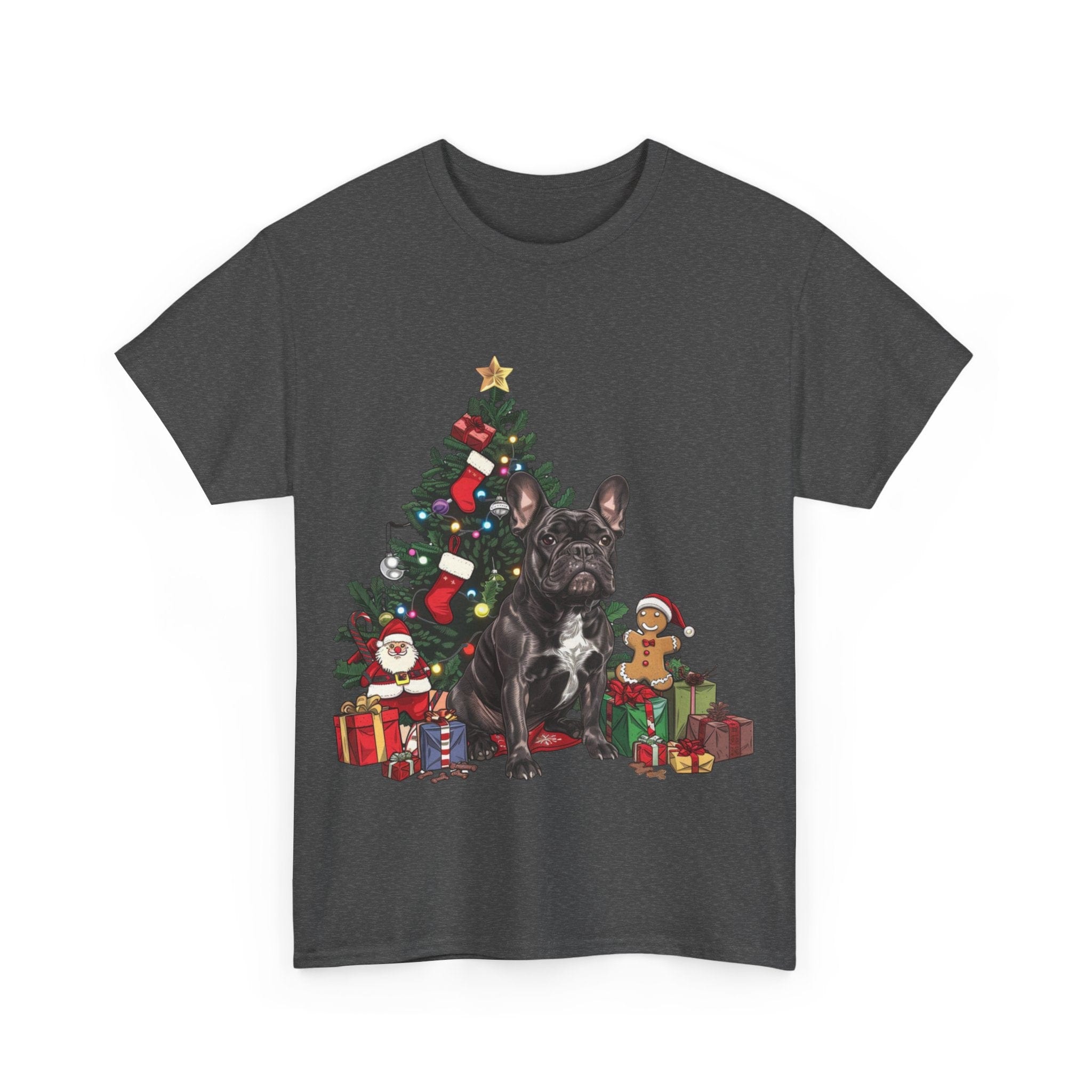 Printify T-Shirt Black French Bulldog with Christmas Tree and Gifts – Festive Holiday Dog Art