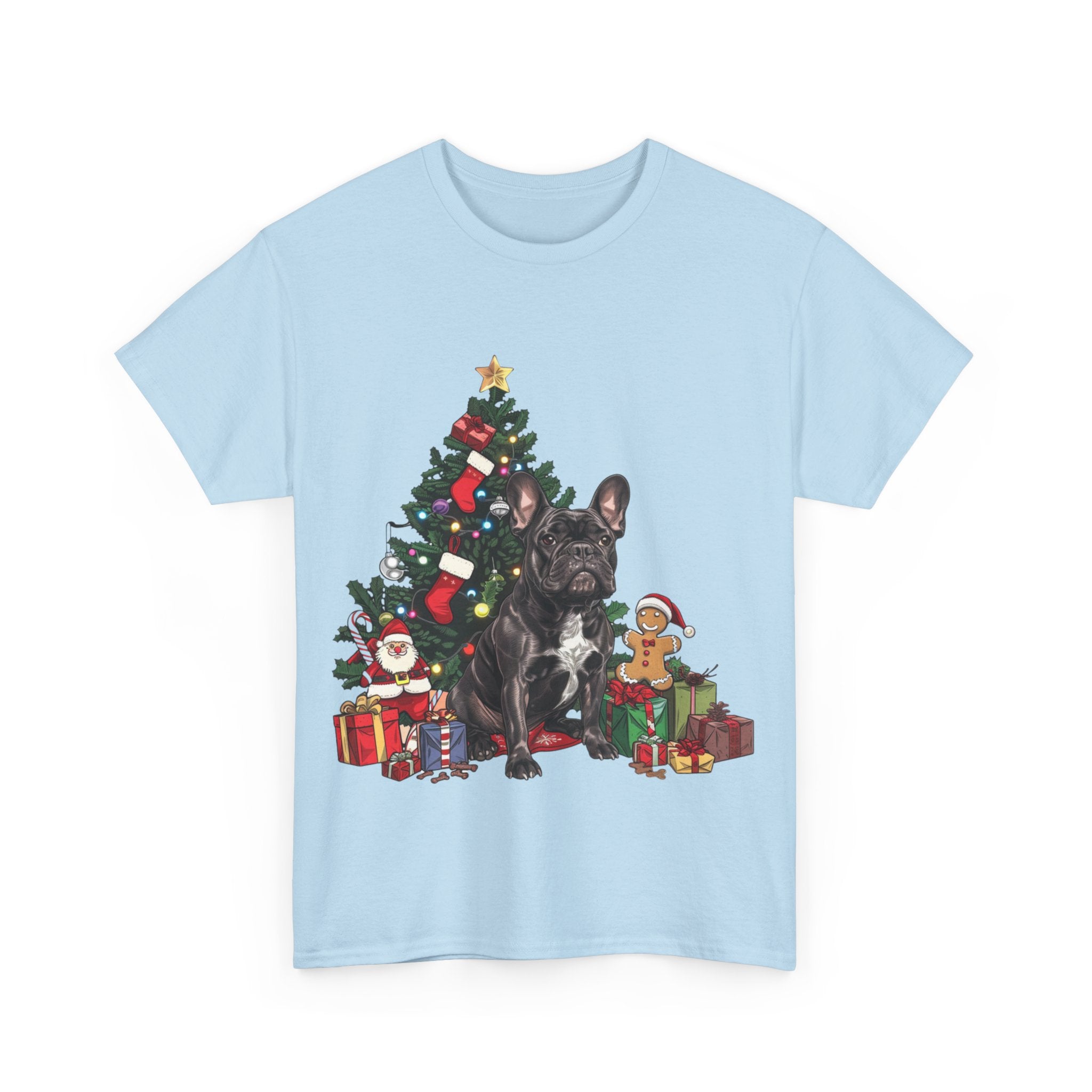 Printify T-Shirt Black French Bulldog with Christmas Tree and Gifts – Festive Holiday Dog Art