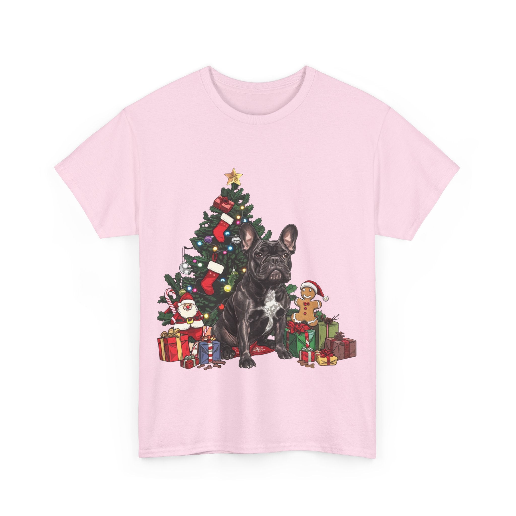 Printify T-Shirt Black French Bulldog with Christmas Tree and Gifts – Festive Holiday Dog Art