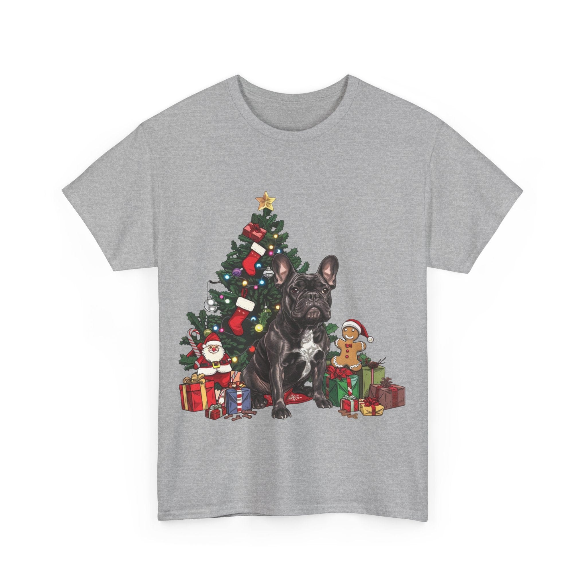 Printify T-Shirt Black French Bulldog with Christmas Tree and Gifts – Festive Holiday Dog Art