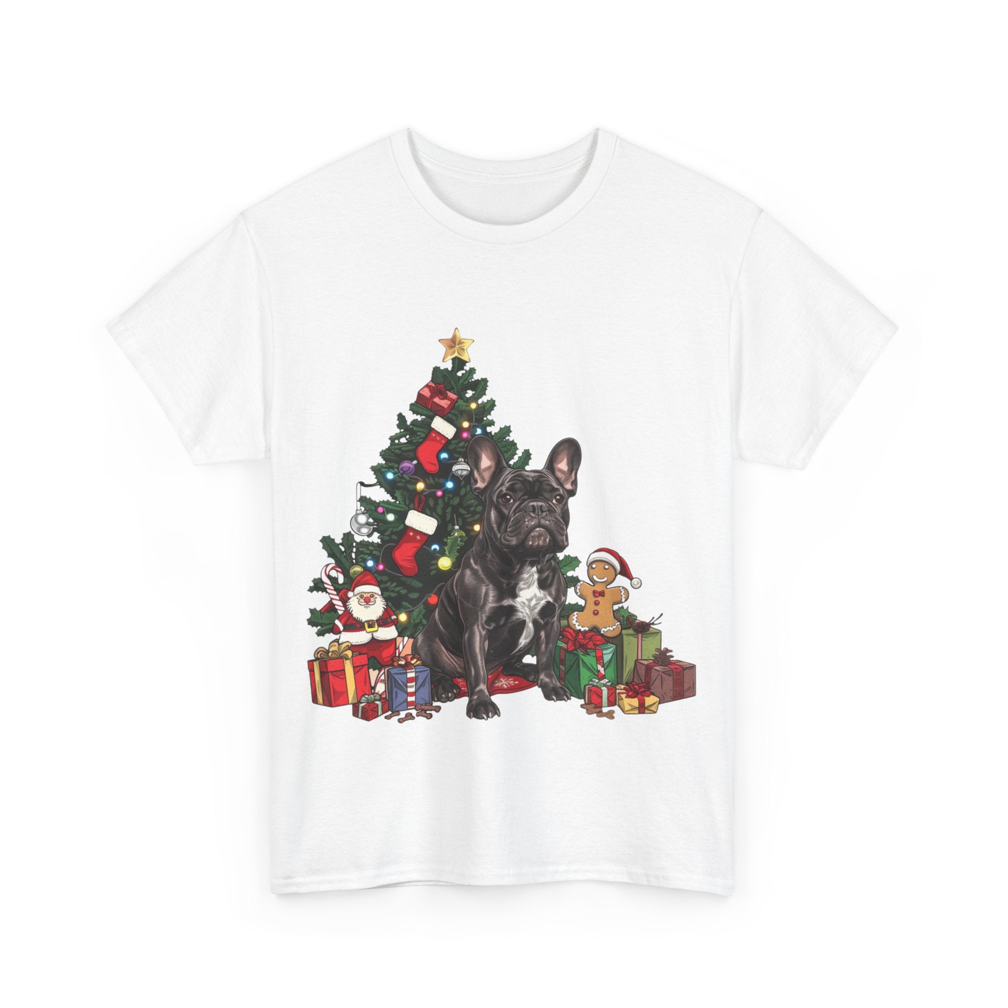 Printify T-Shirt Black French Bulldog with Christmas Tree and Gifts – Festive Holiday Dog Art