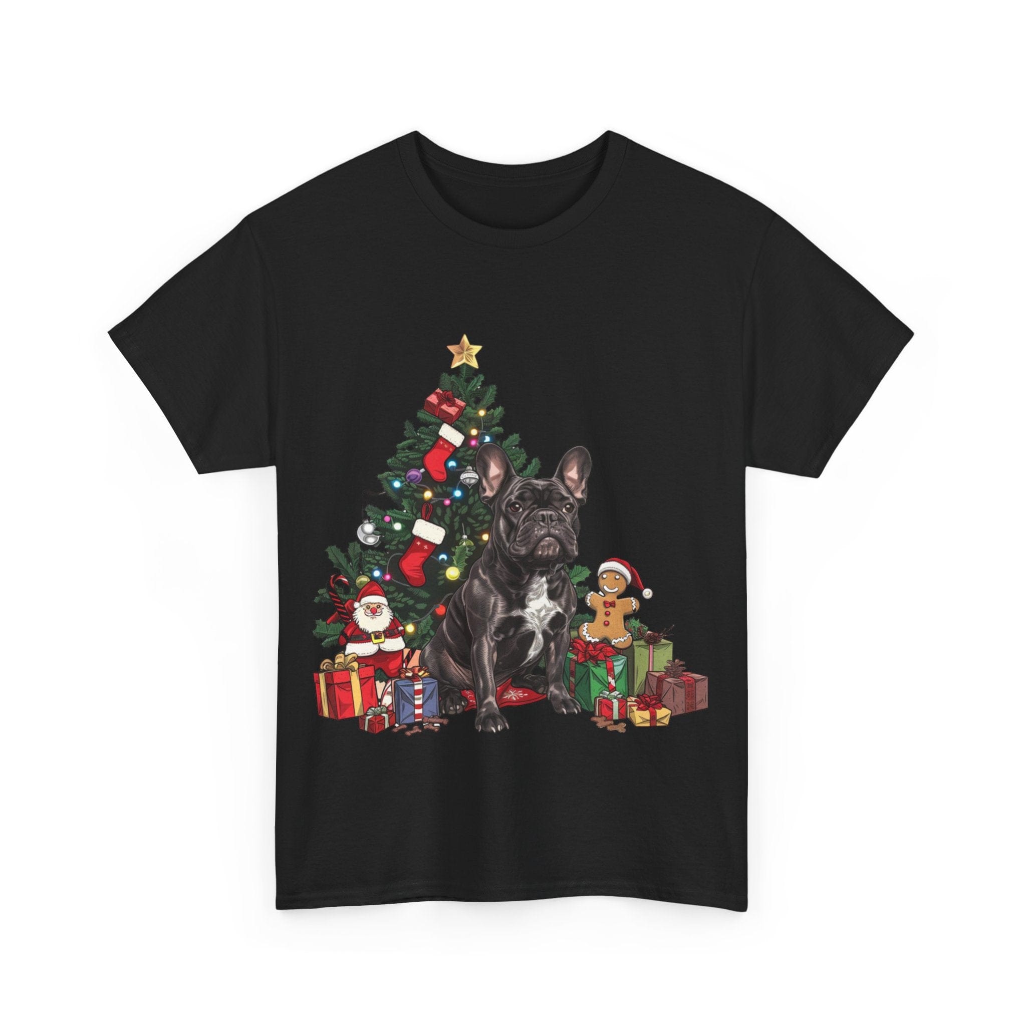 Printify T-Shirt Black French Bulldog with Christmas Tree and Gifts – Festive Holiday Dog Art