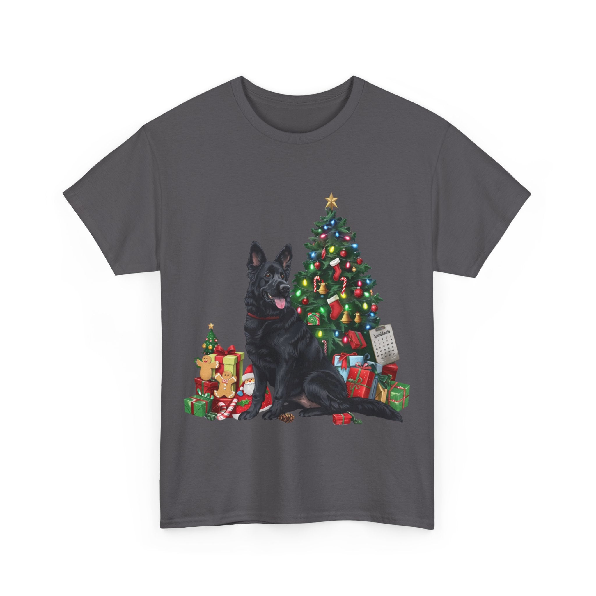 Printify T-Shirt Black German Shepherd with Christmas Tree and Gifts – Festive Holiday Dog Art