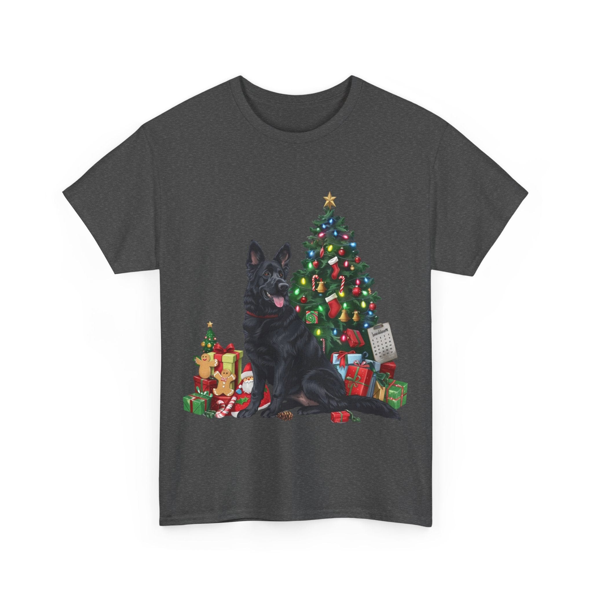 Printify T-Shirt Black German Shepherd with Christmas Tree and Gifts – Festive Holiday Dog Art