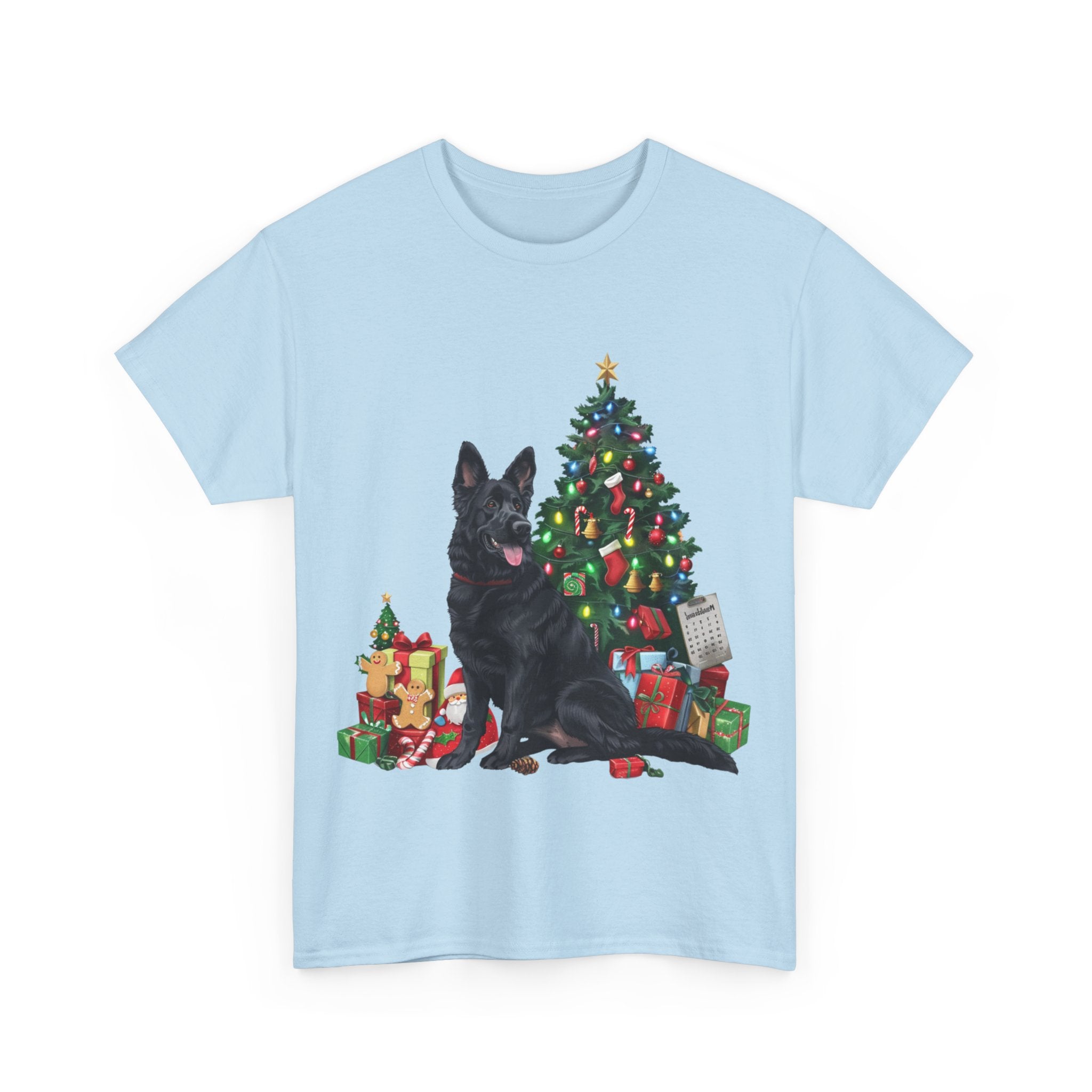 Printify T-Shirt Black German Shepherd with Christmas Tree and Gifts – Festive Holiday Dog Art