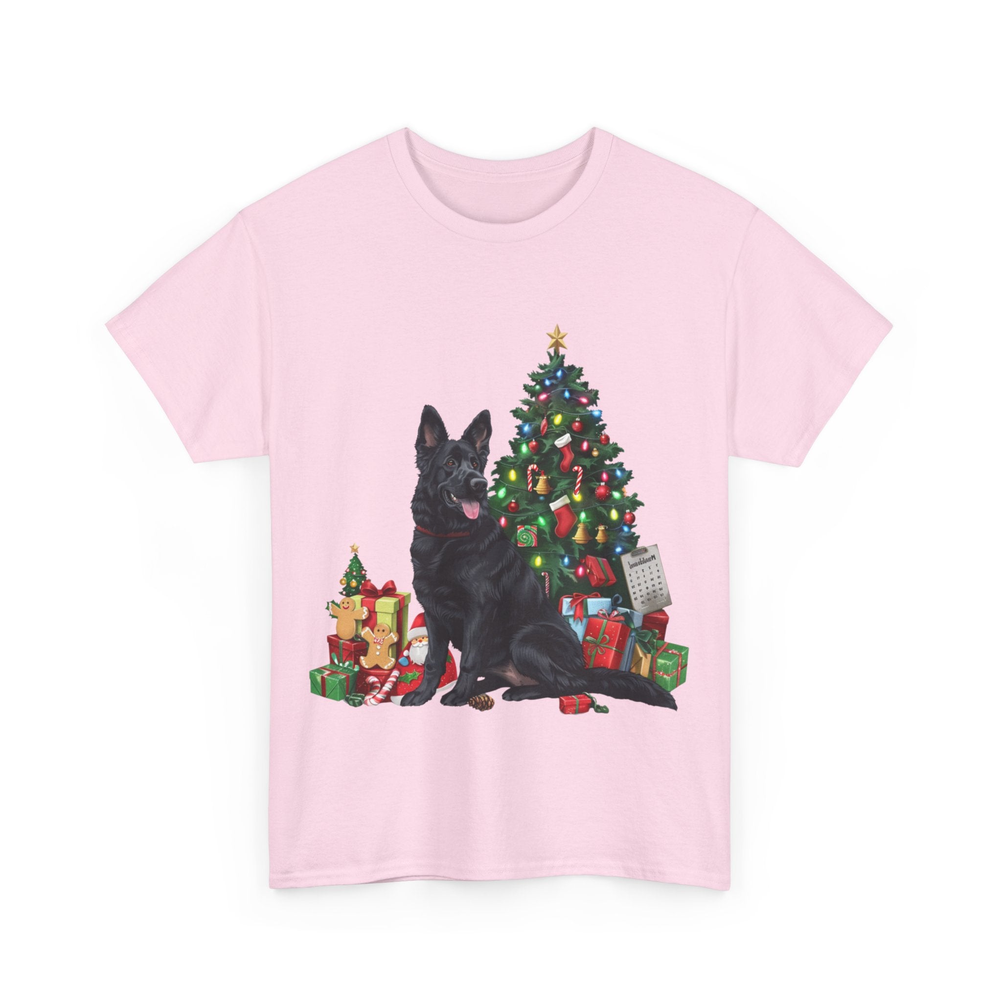 Printify T-Shirt Black German Shepherd with Christmas Tree and Gifts – Festive Holiday Dog Art