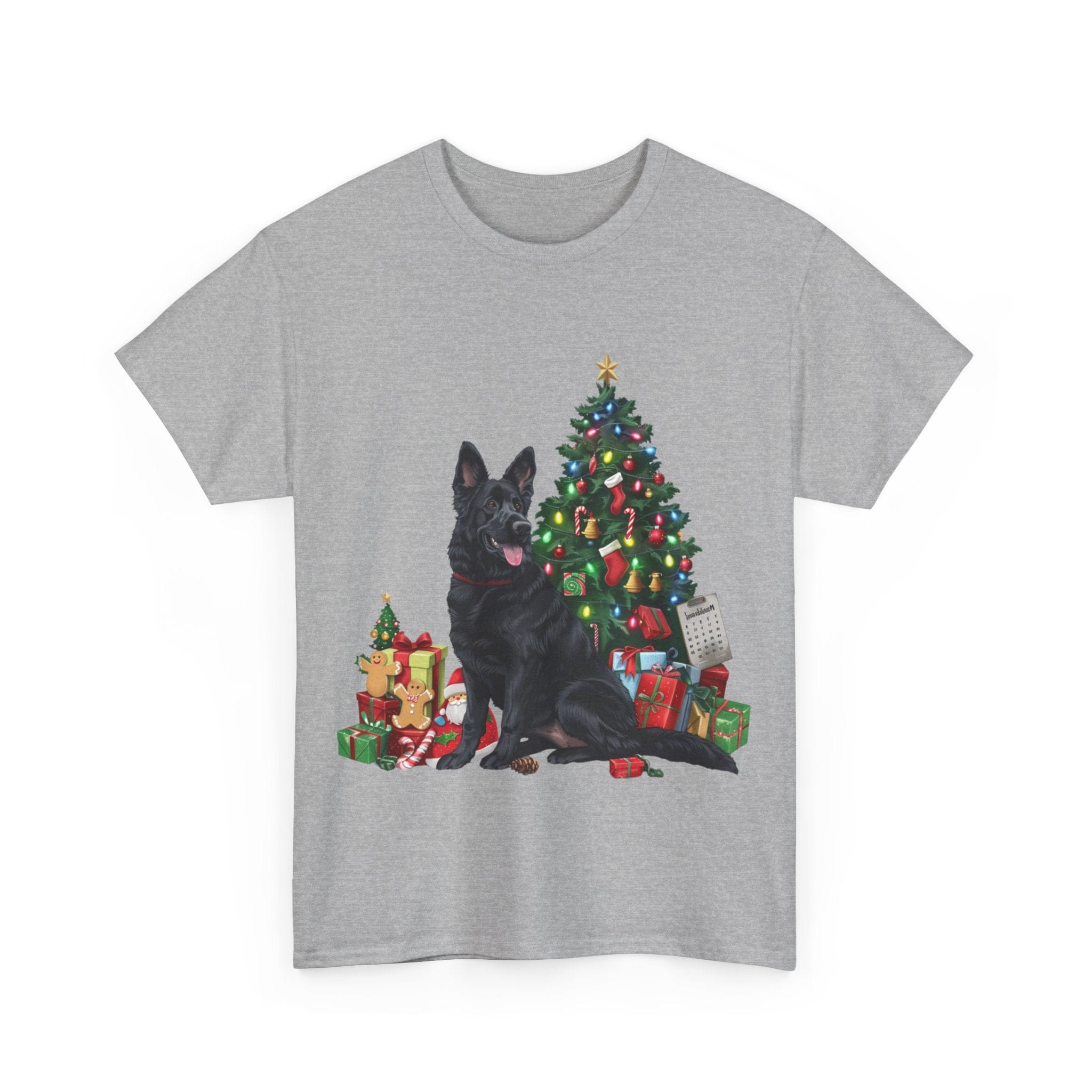 Printify T-Shirt Black German Shepherd with Christmas Tree and Gifts – Festive Holiday Dog Art