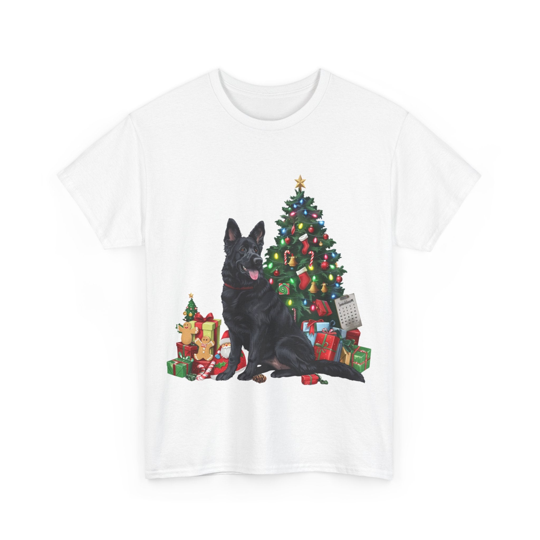 Printify T-Shirt Black German Shepherd with Christmas Tree and Gifts – Festive Holiday Dog Art