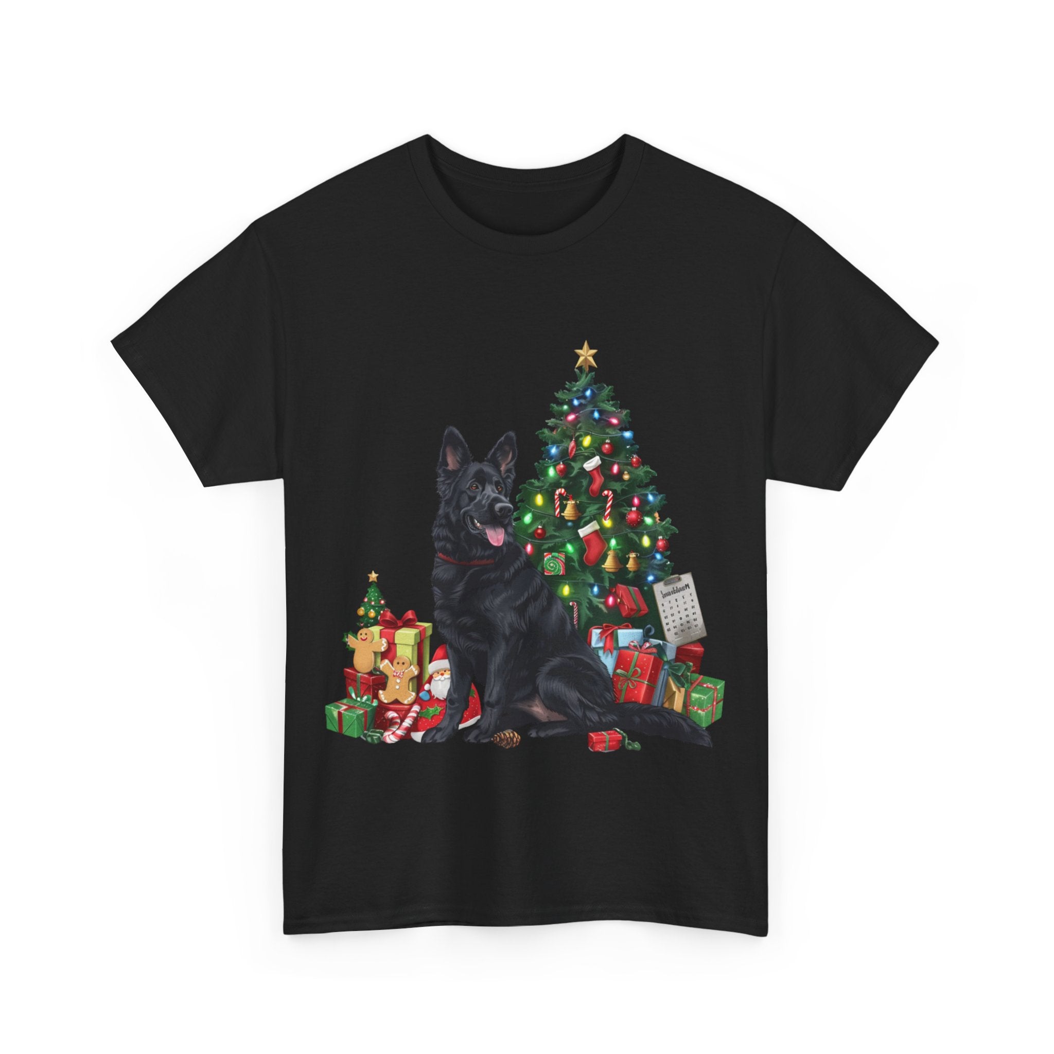 Printify T-Shirt Black German Shepherd with Christmas Tree and Gifts – Festive Holiday Dog Art