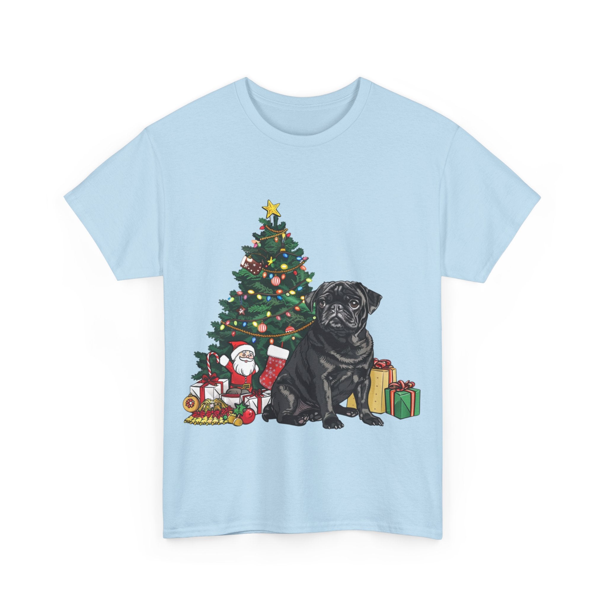 Printify T-Shirt Black Pug with Christmas Tree and Gifts – Festive Holiday Dog Art