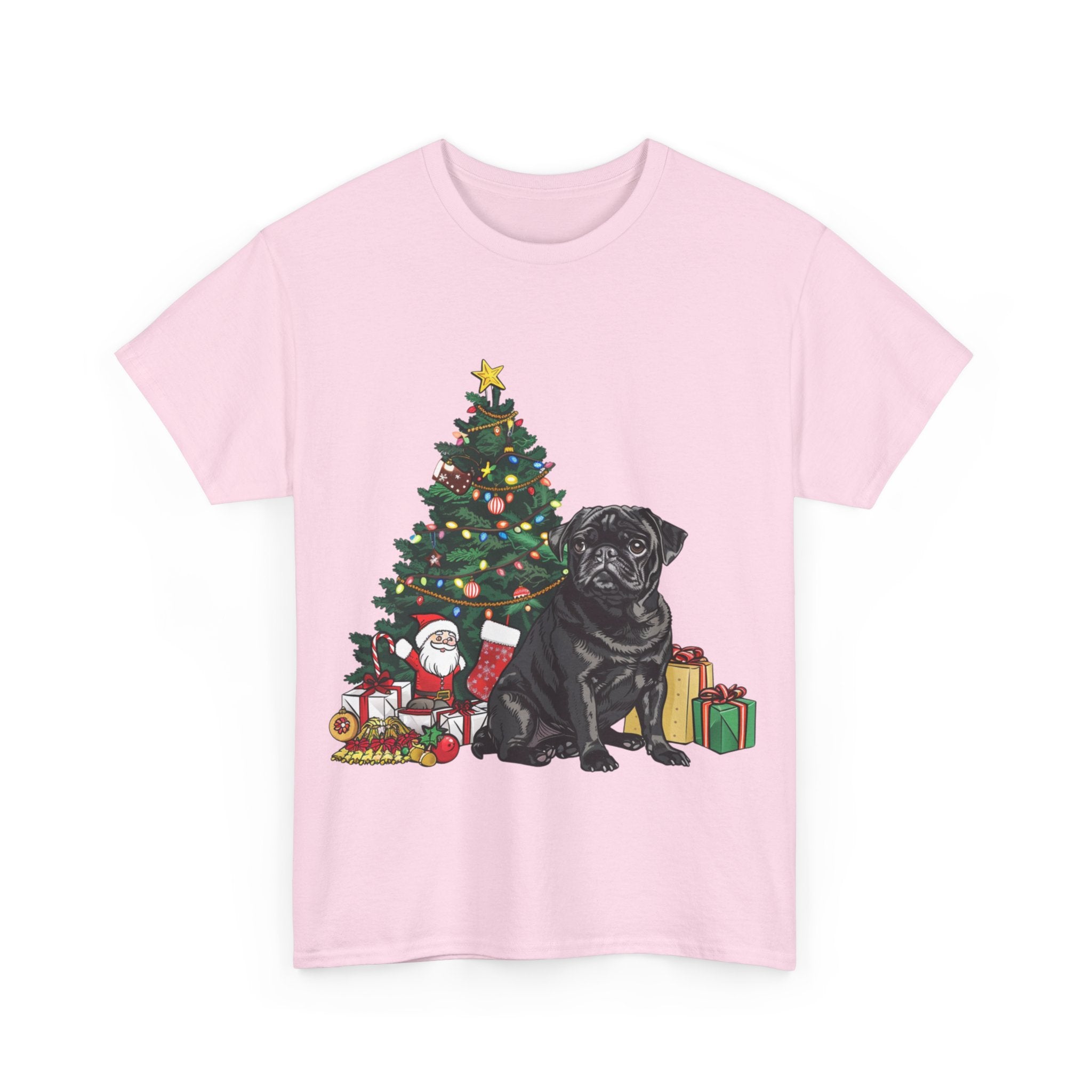 Printify T-Shirt Black Pug with Christmas Tree and Gifts – Festive Holiday Dog Art