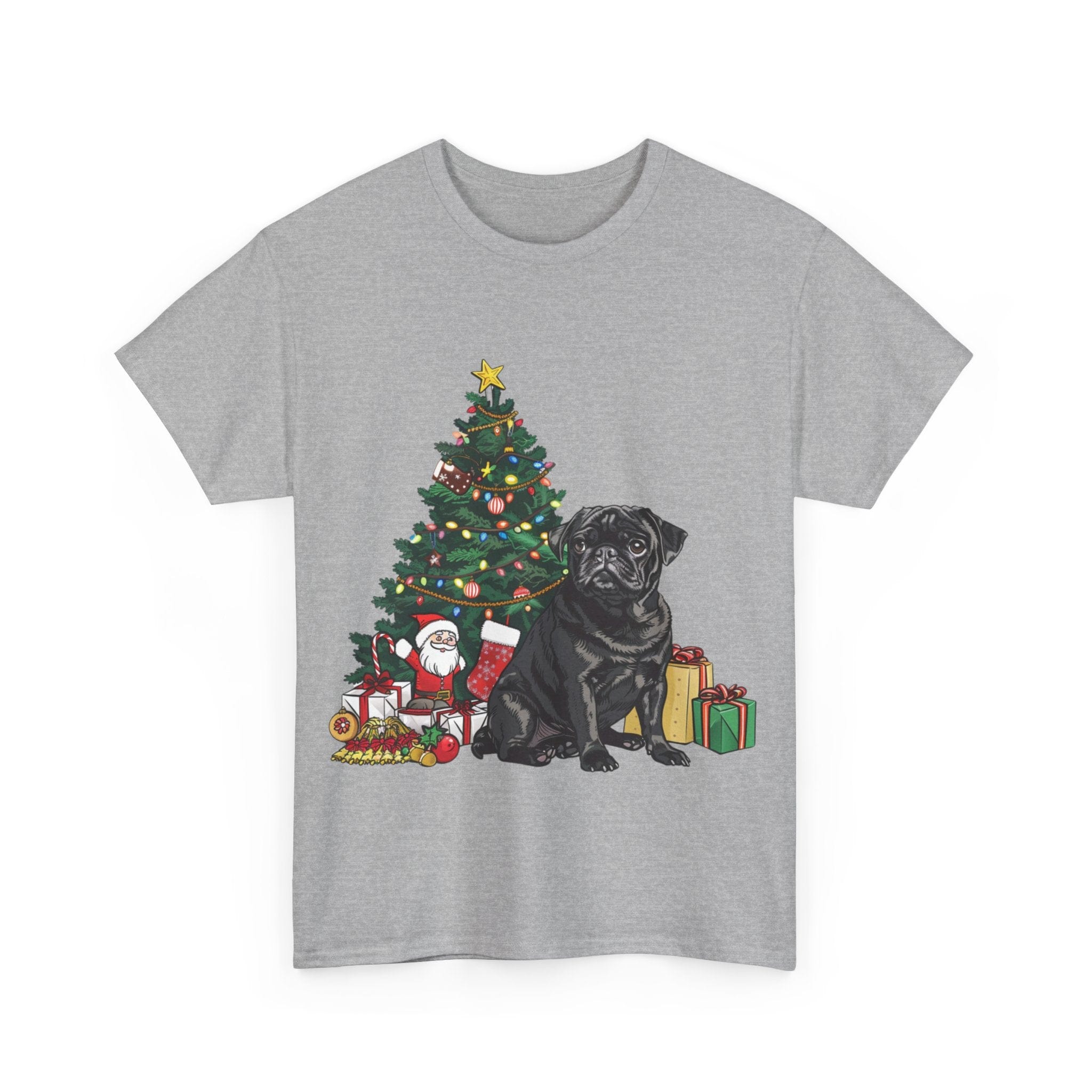 Printify T-Shirt Black Pug with Christmas Tree and Gifts – Festive Holiday Dog Art