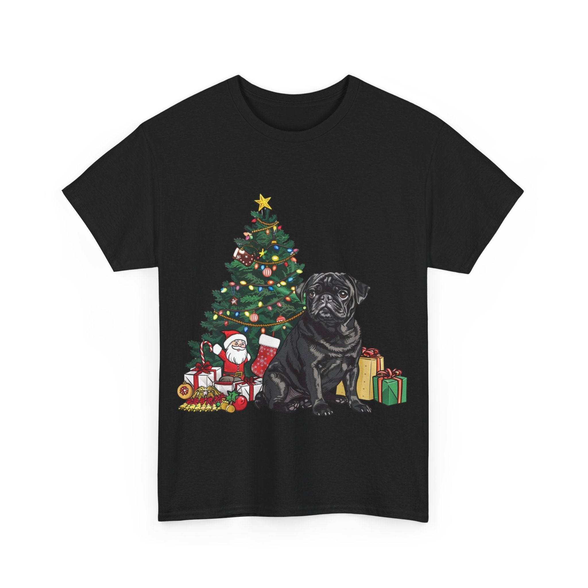 Printify T-Shirt Black Pug with Christmas Tree and Gifts – Festive Holiday Dog Art