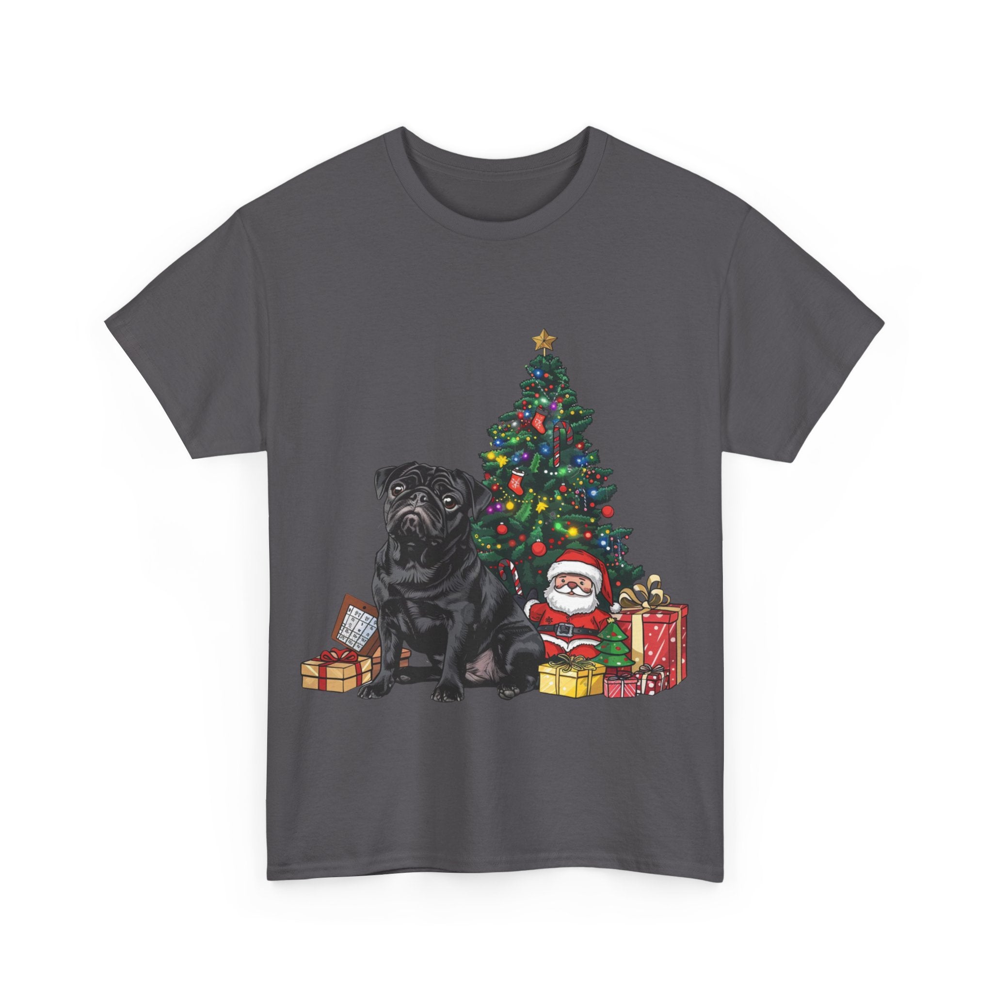 Printify T-Shirt Black Pug with Christmas Tree and Santa – Festive Holiday Dog Art