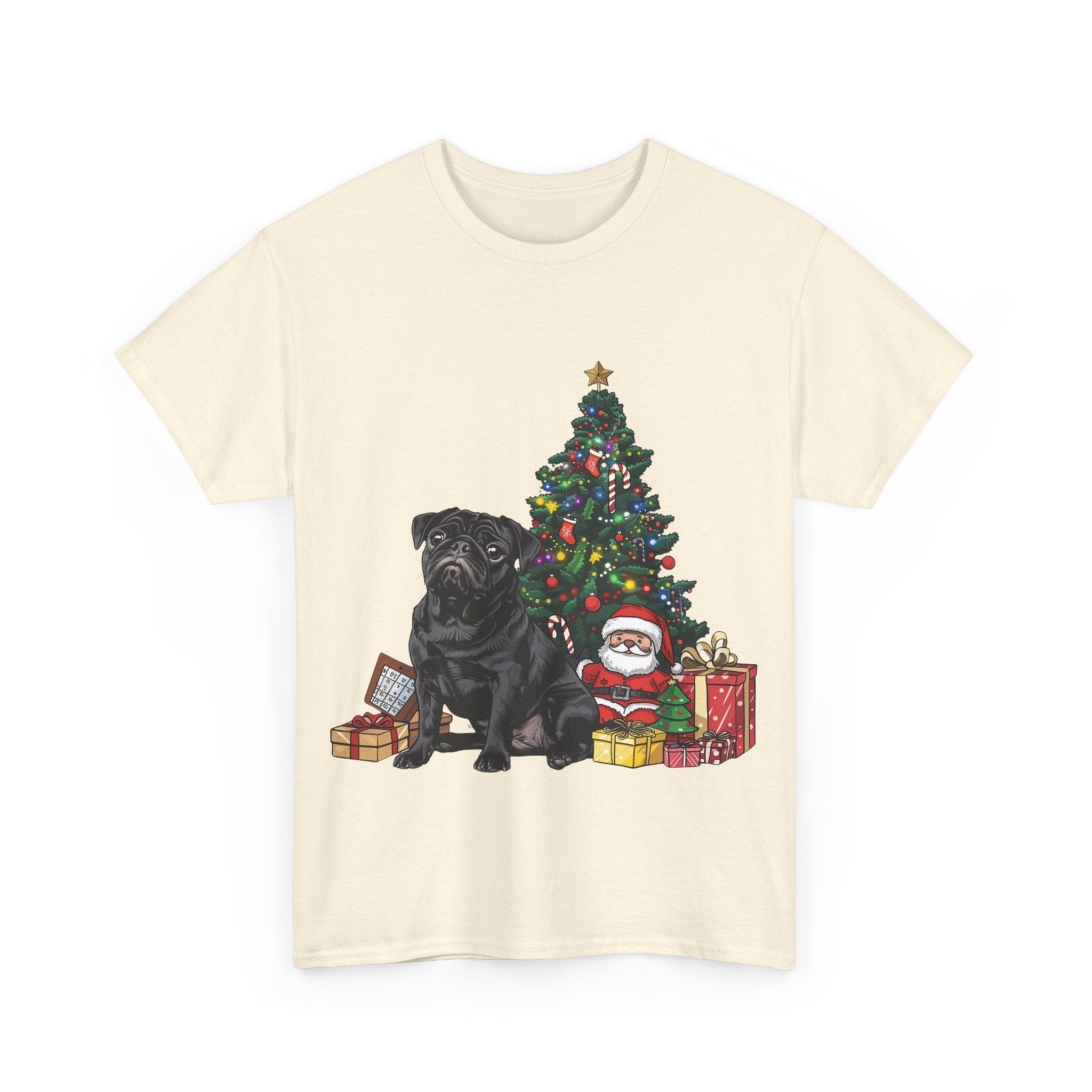 Printify T-Shirt Black Pug with Christmas Tree and Santa – Festive Holiday Dog Art