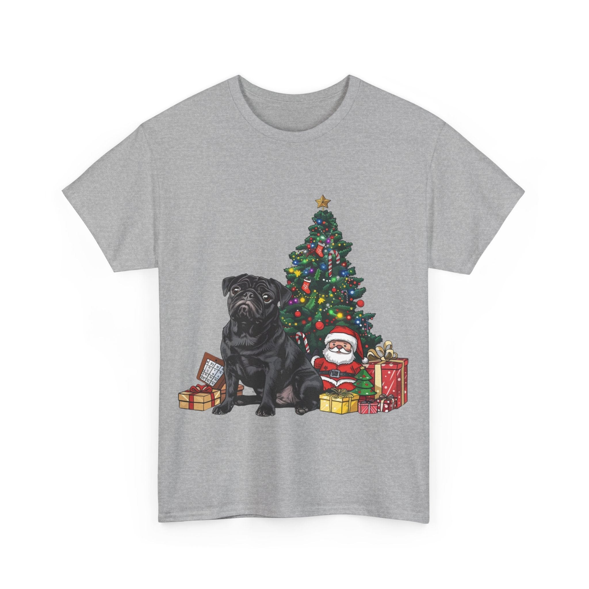 Printify T-Shirt Black Pug with Christmas Tree and Santa – Festive Holiday Dog Art