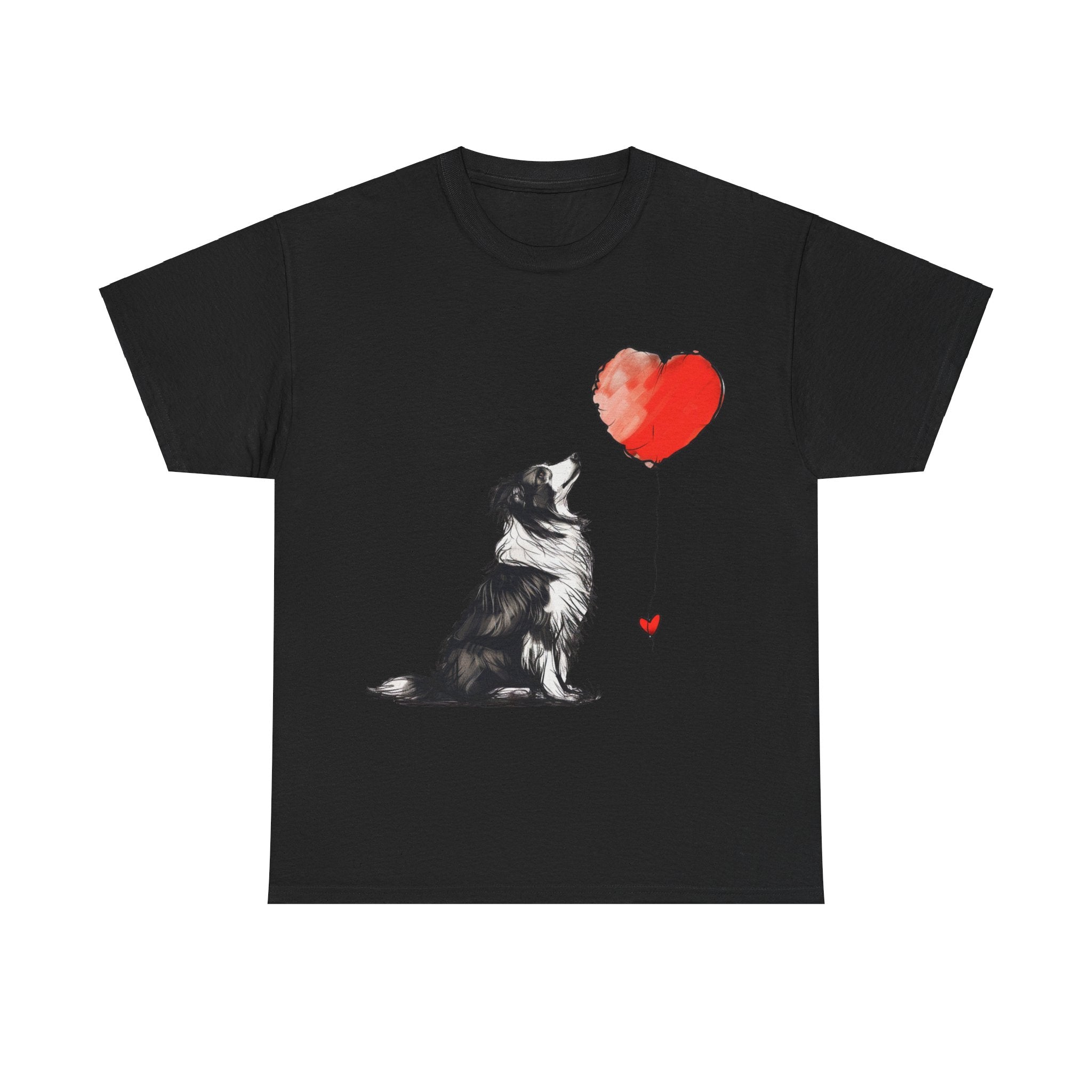 Printify T-Shirt Black / S Adorable Border Collie with Heart Balloon T-Shirt – Perfect for Dog Lovers