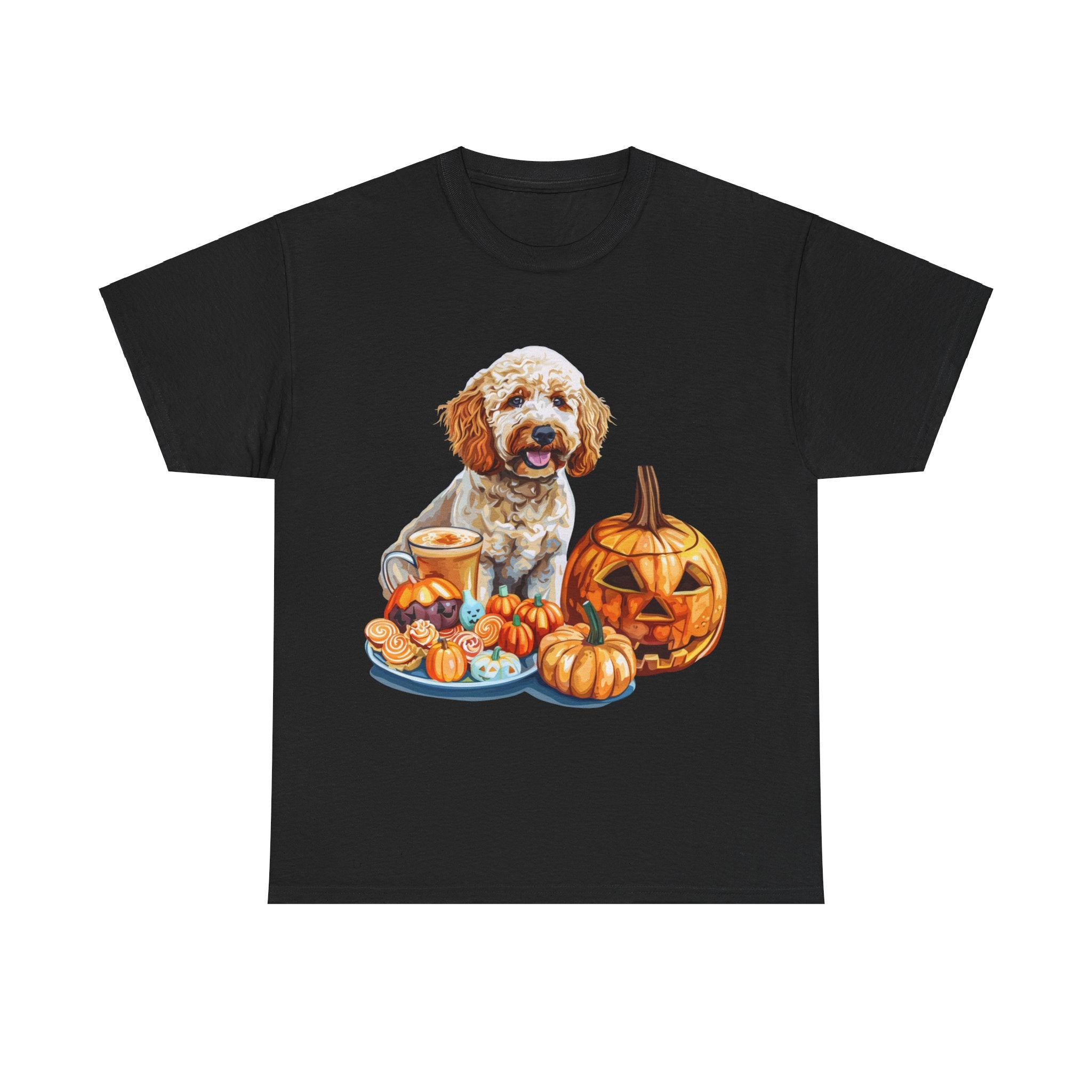 Printify T-Shirt Black / S Adorable Cockapoo Halloween Design with Pumpkins and Festive Treats - Perfect for Dog Lovers