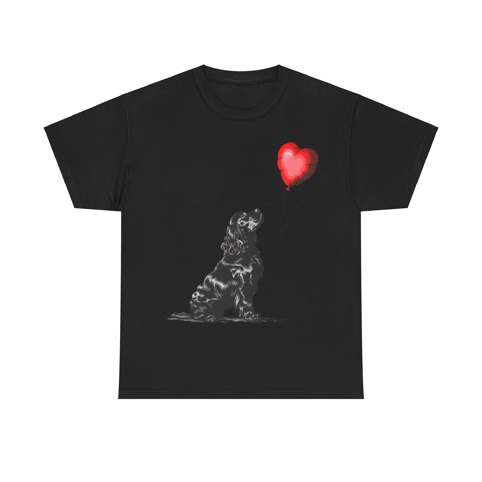 Printify T-Shirt Black / S Adorable Cocker Spaniel with Heart Balloon T-Shirt – Perfect for Dog Lovers