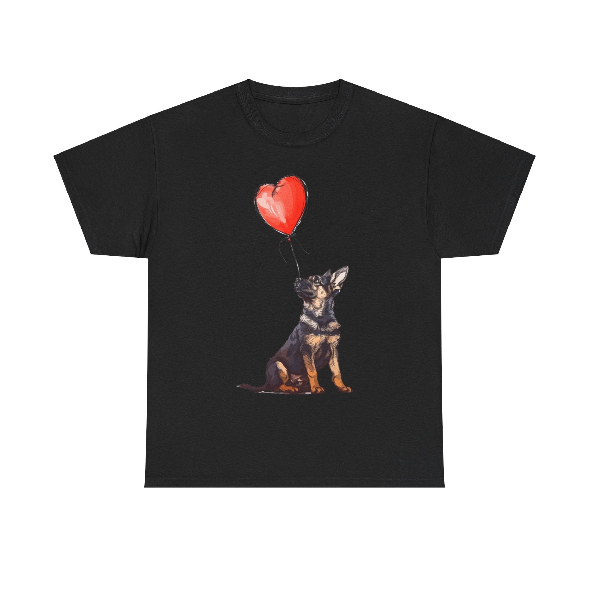 Printify T-Shirt Black / S Adorable German Shepherd with Heart Balloon T-Shirt – Perfect for Dog Lovers