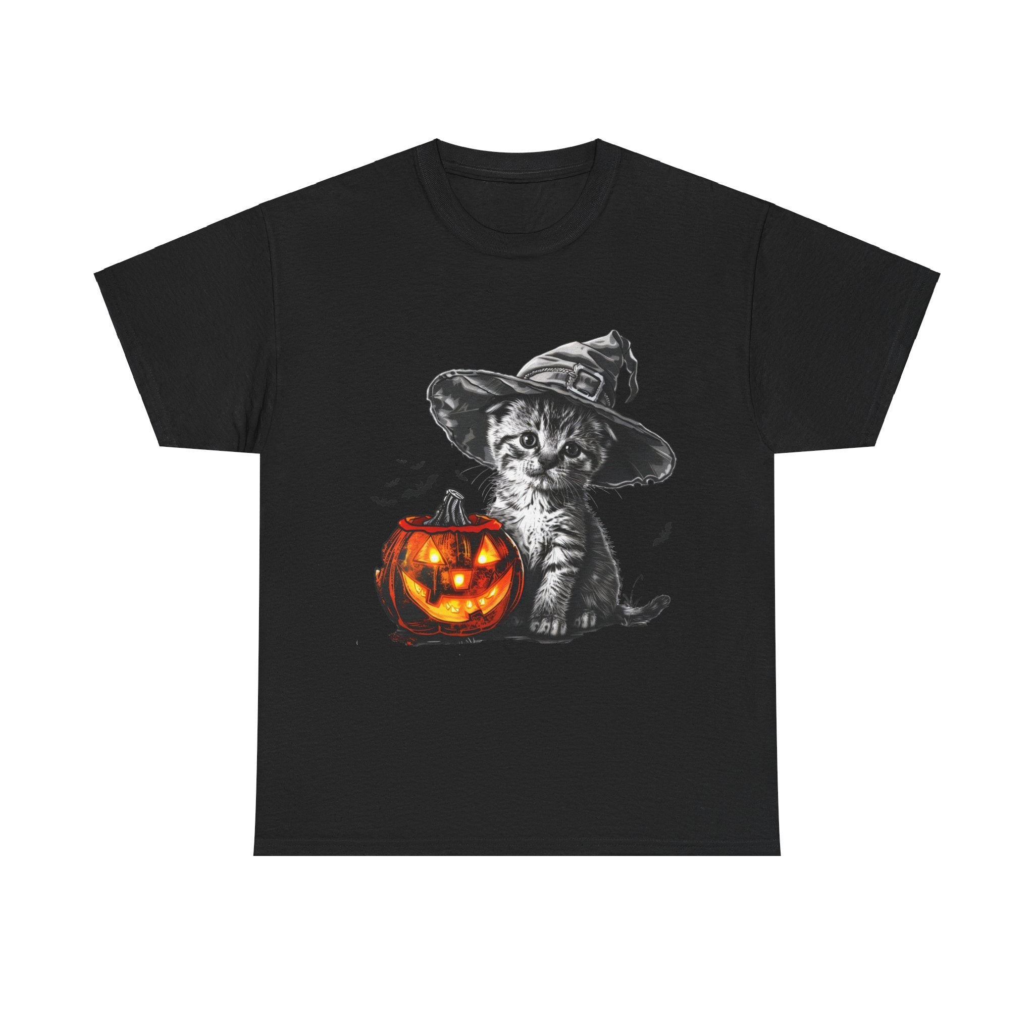 Printify T-Shirt Black / S Adorable Kitten Witch Halloween Shirt – Spooky Pumpkin Design