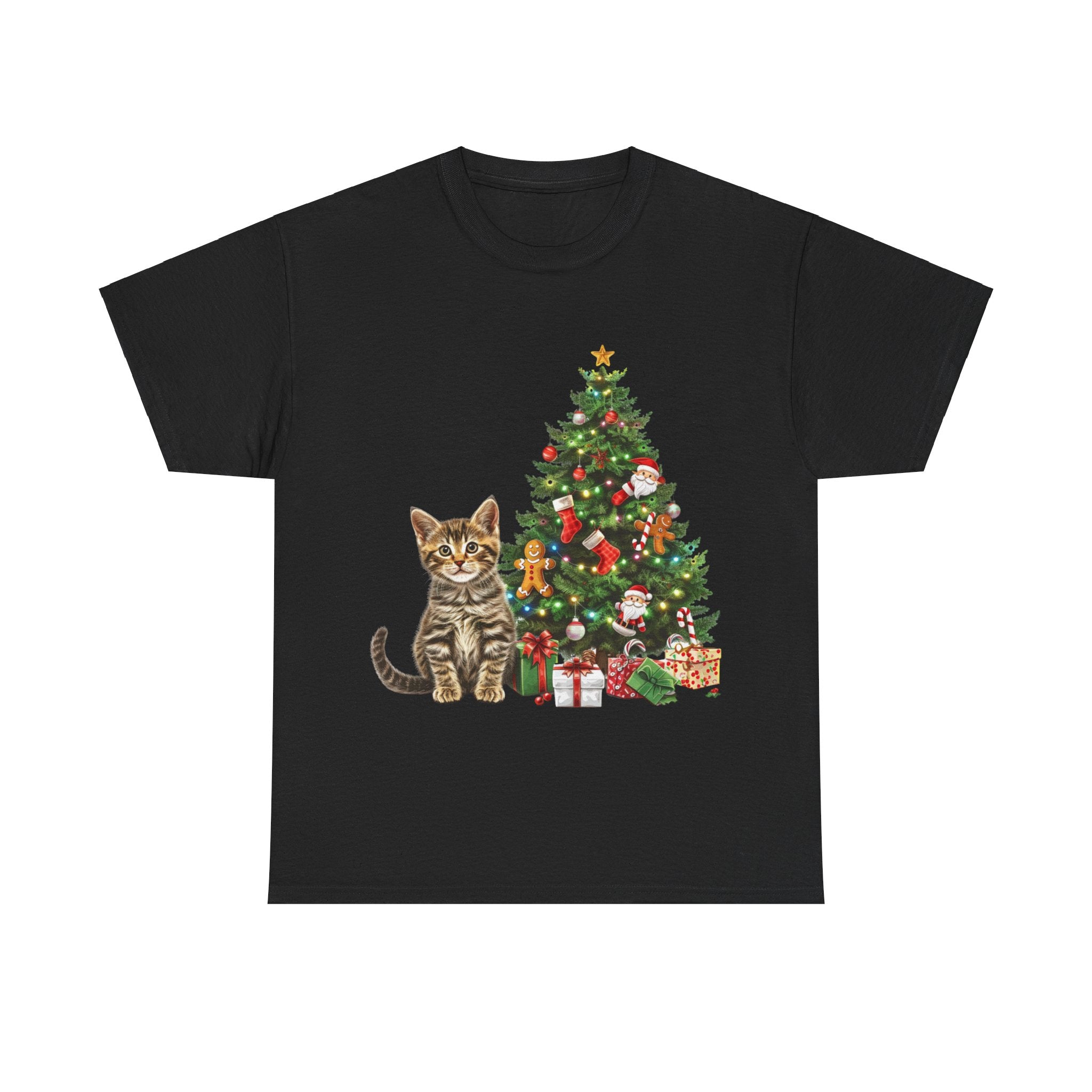 Printify T-Shirt Black / S Adorable Tabby Kitten with Christmas Tree and Gifts – Festive Holiday Cat Art