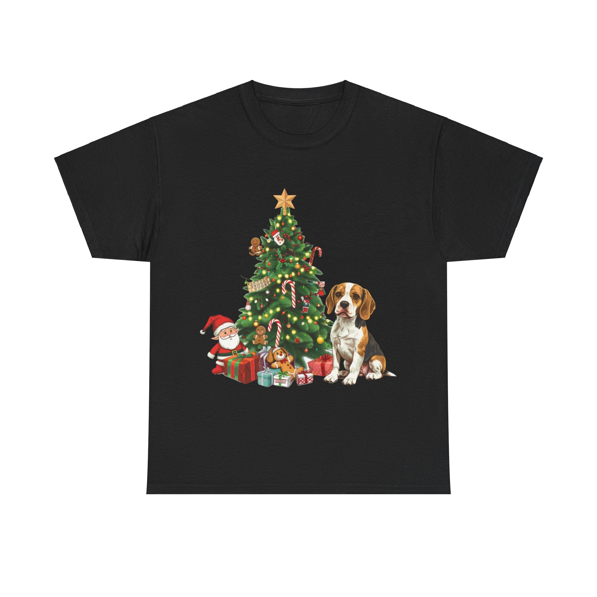 Printify T-Shirt Black / S Beagle with Christmas Tree and Gifts – Festive Holiday Dog Art