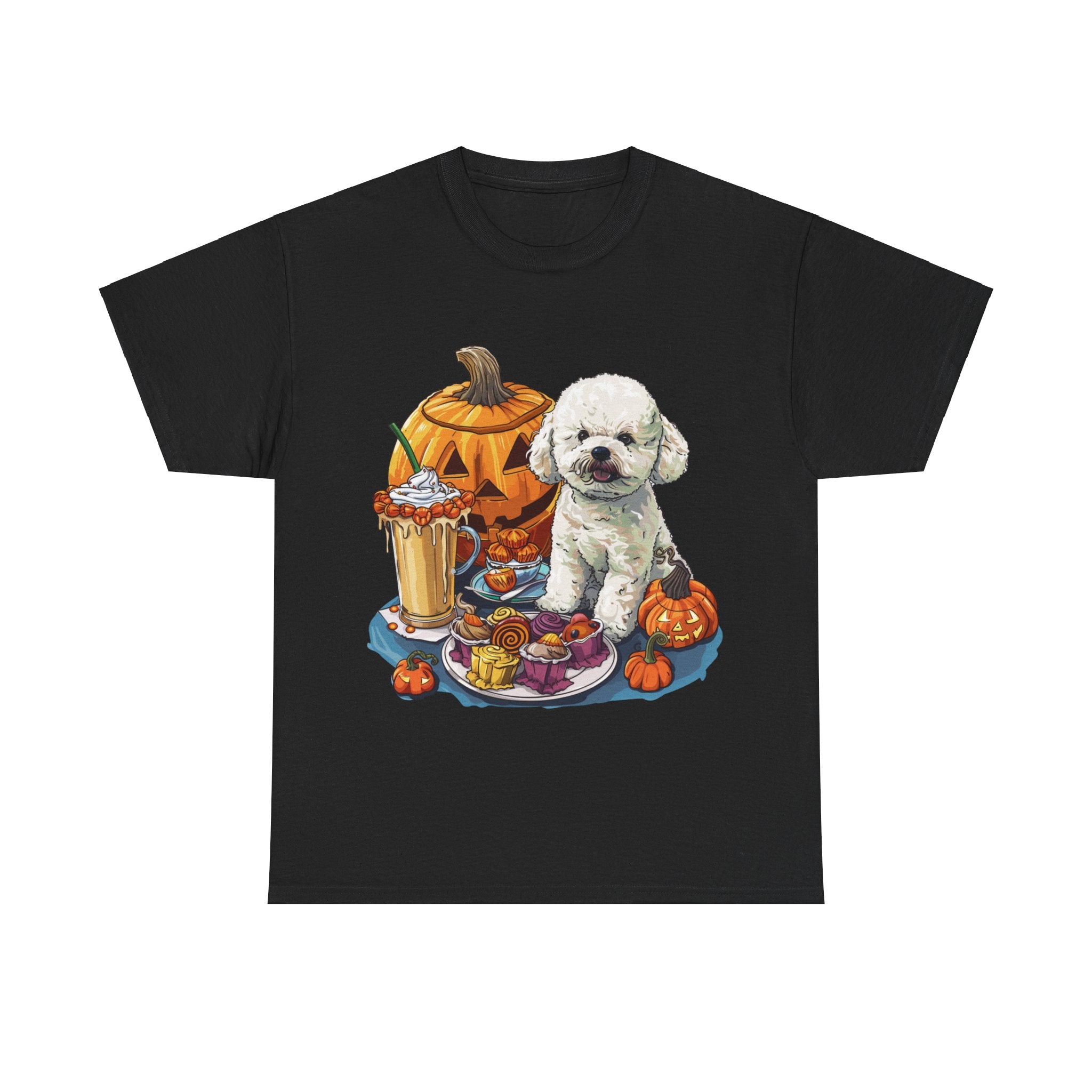 Printify T-Shirt Black / S Bichon Frise Halloween Design with Jack-o'-Lanterns and Festive Treats – Perfect for Dog Lovers