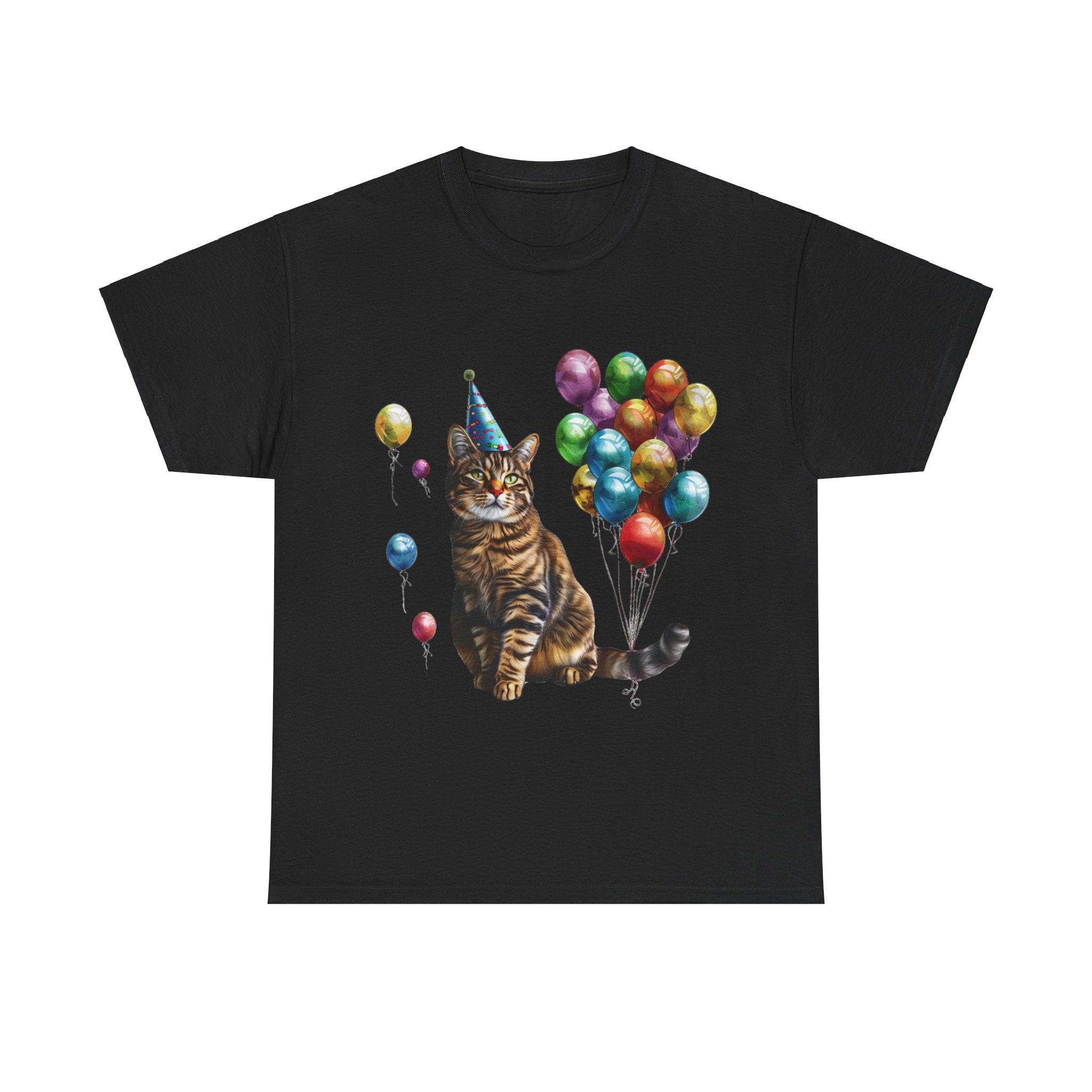 Printify T-Shirt Black / S Birthday Cat with Balloons – Celebrate in Feline Style!