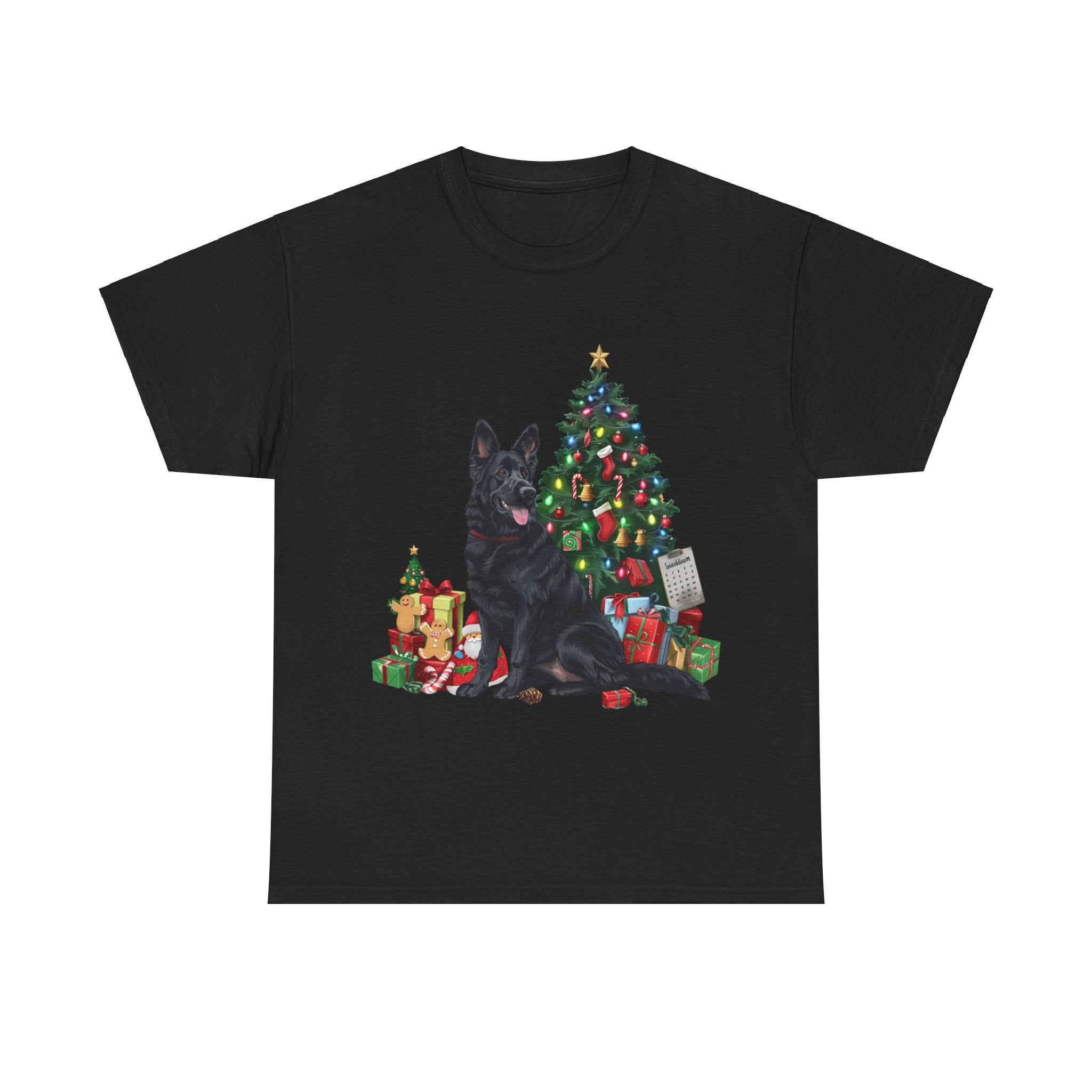 Printify T-Shirt Black / S Black German Shepherd with Christmas Tree and Gifts – Festive Holiday Dog Art