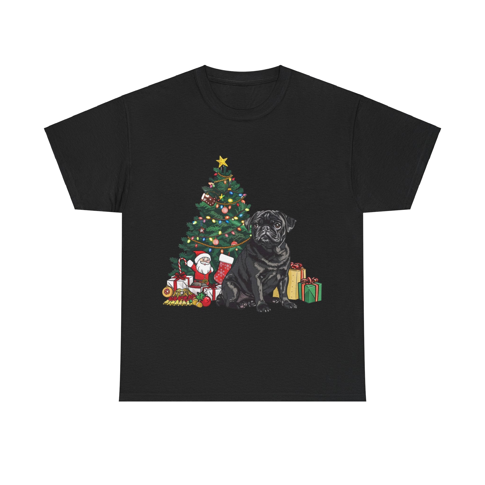 Printify T-Shirt Black / S Black Pug with Christmas Tree and Gifts – Festive Holiday Dog Art