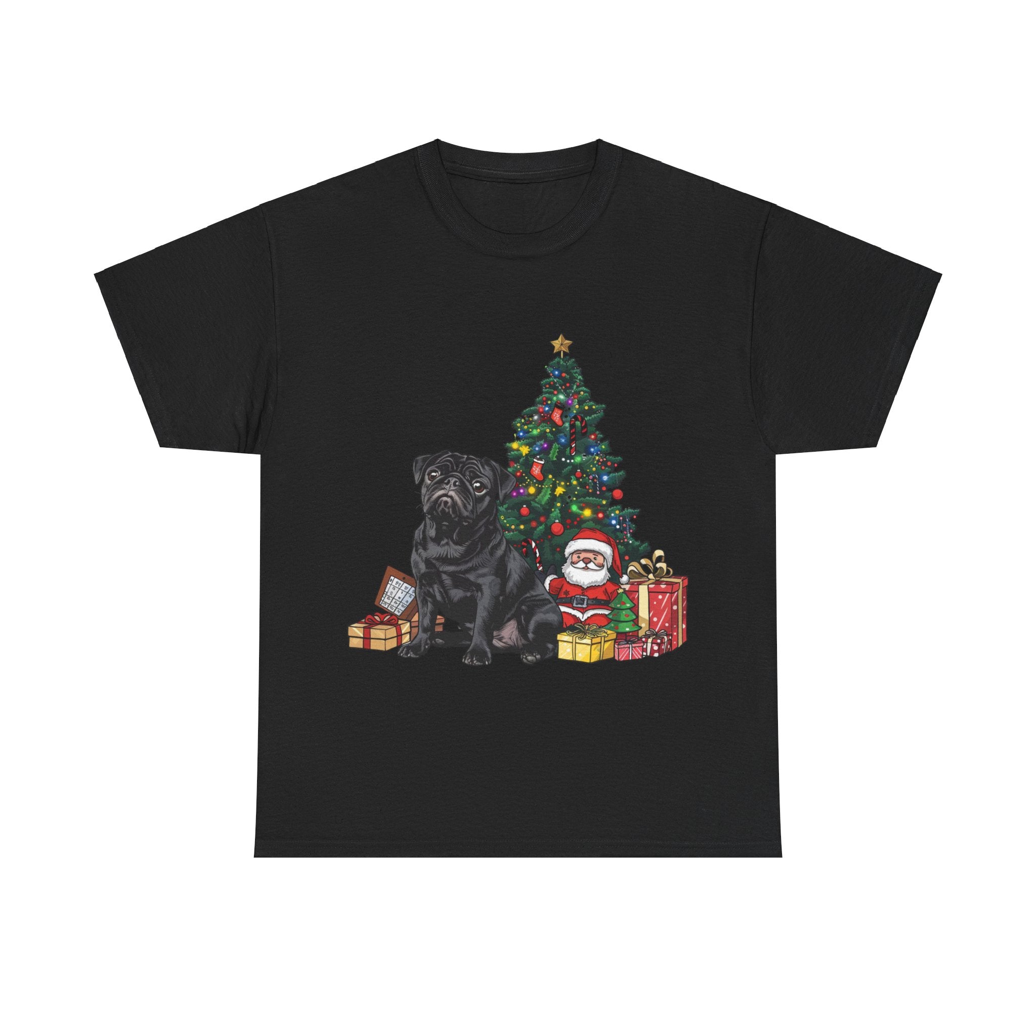 Printify T-Shirt Black / S Black Pug with Christmas Tree and Santa – Festive Holiday Dog Art