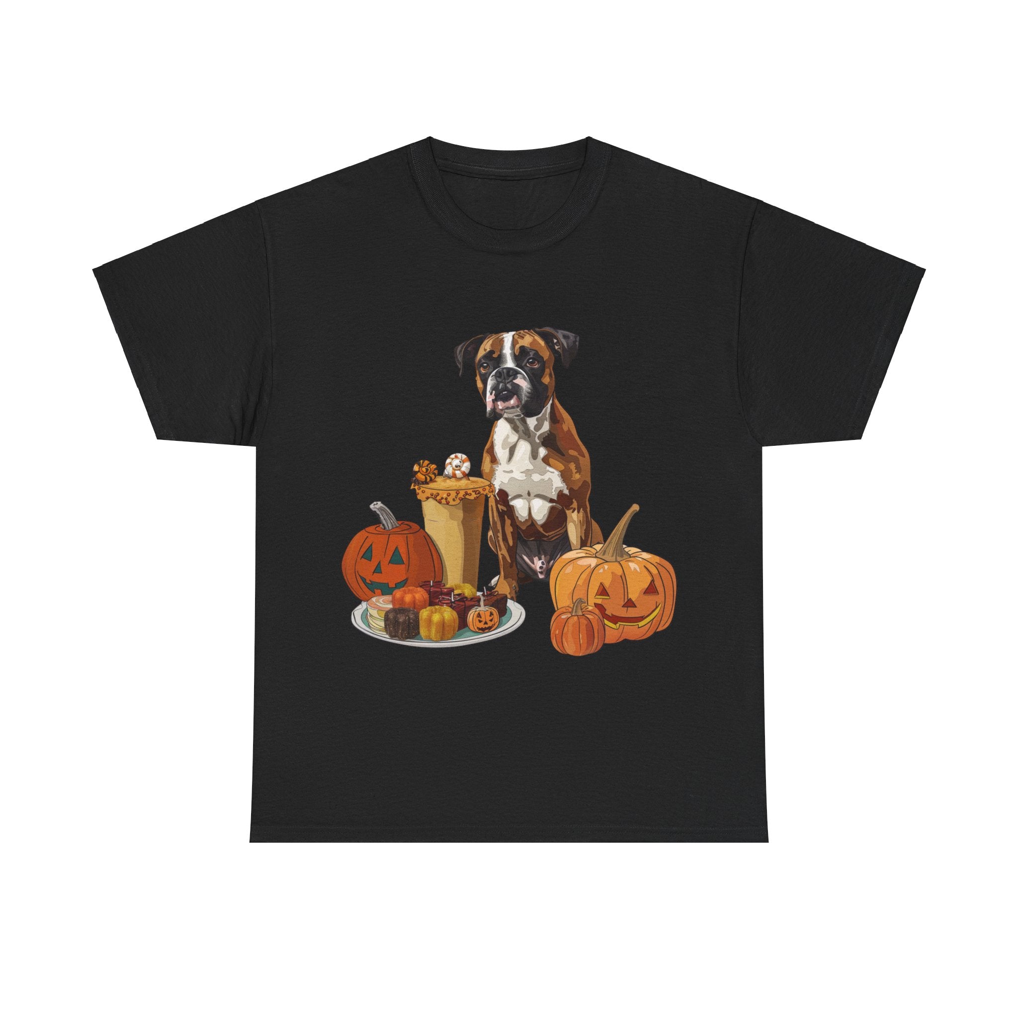 Printify T-Shirt Black / S Boxer Halloween Design with Jack-o'-Lanterns and Festive Sweets – Ideal for Dog Lovers