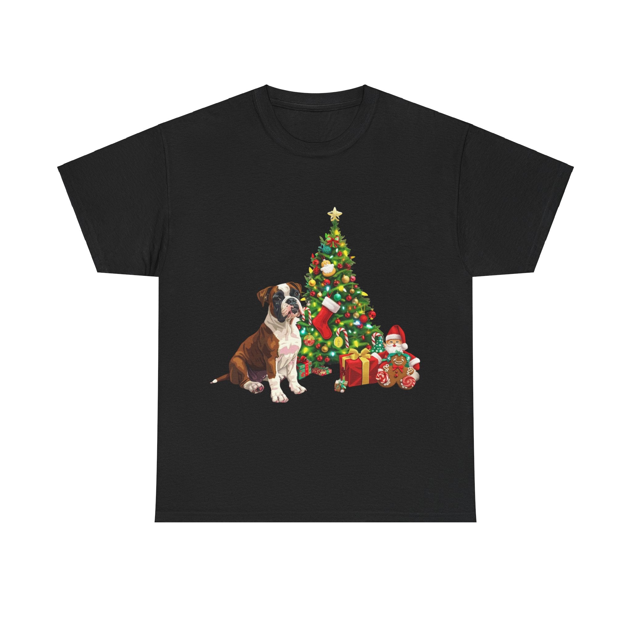 Printify T-Shirt Black / S Boxer with Christmas Tree and Gifts – Festive Holiday Dog Art