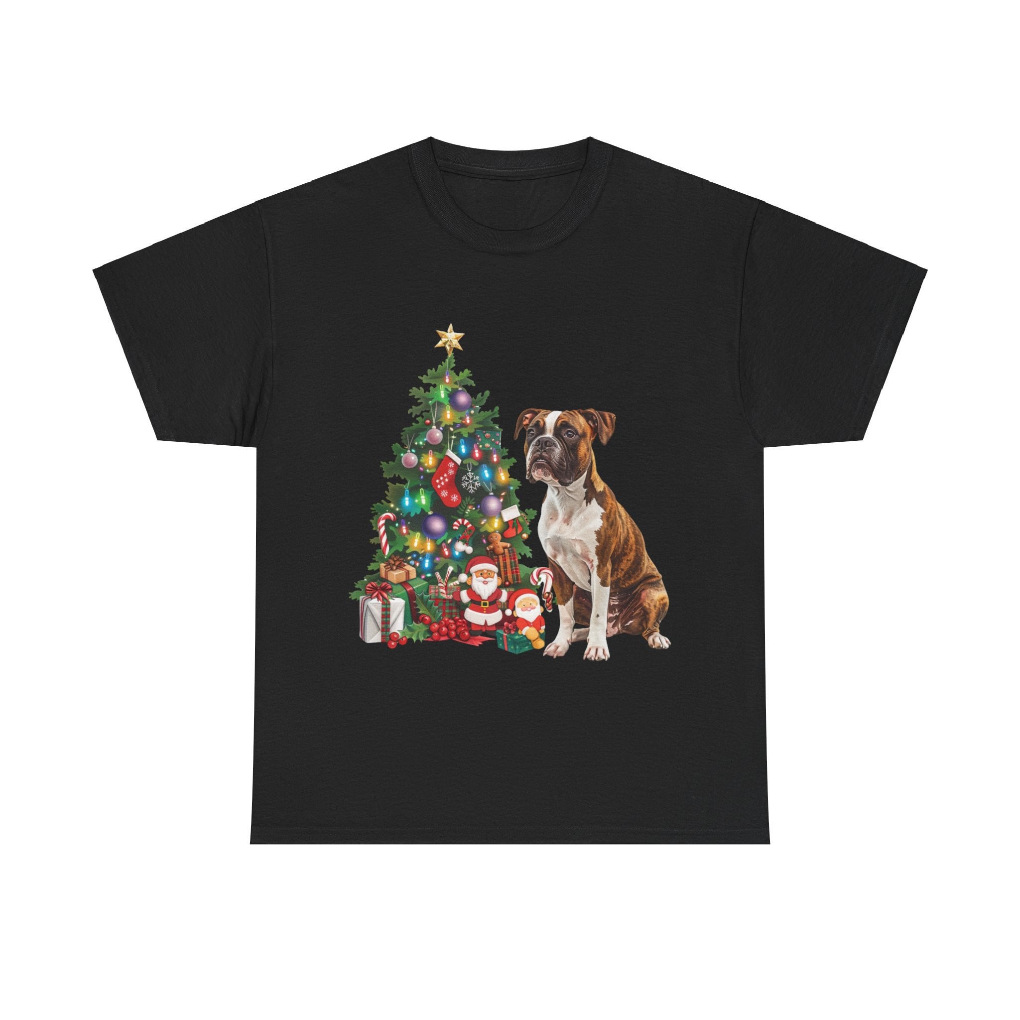 Printify T-Shirt Black / S Boxer with Christmas Tree and Santa – Festive Holiday Dog Art