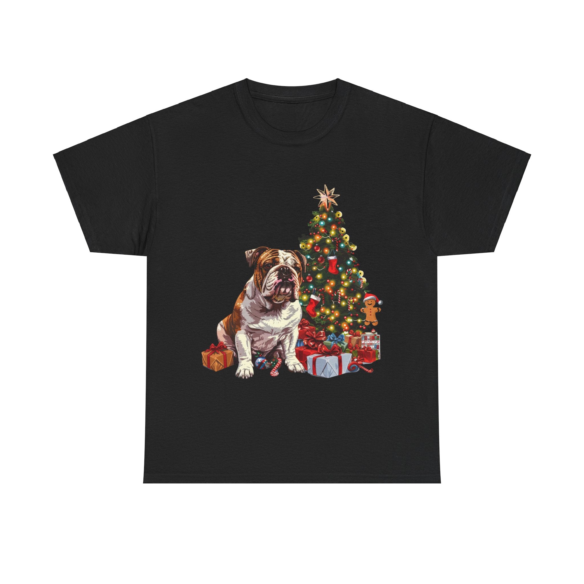 Printify T-Shirt Black / S Bulldog with Christmas Tree and Gifts – Festive Holiday Dog Art