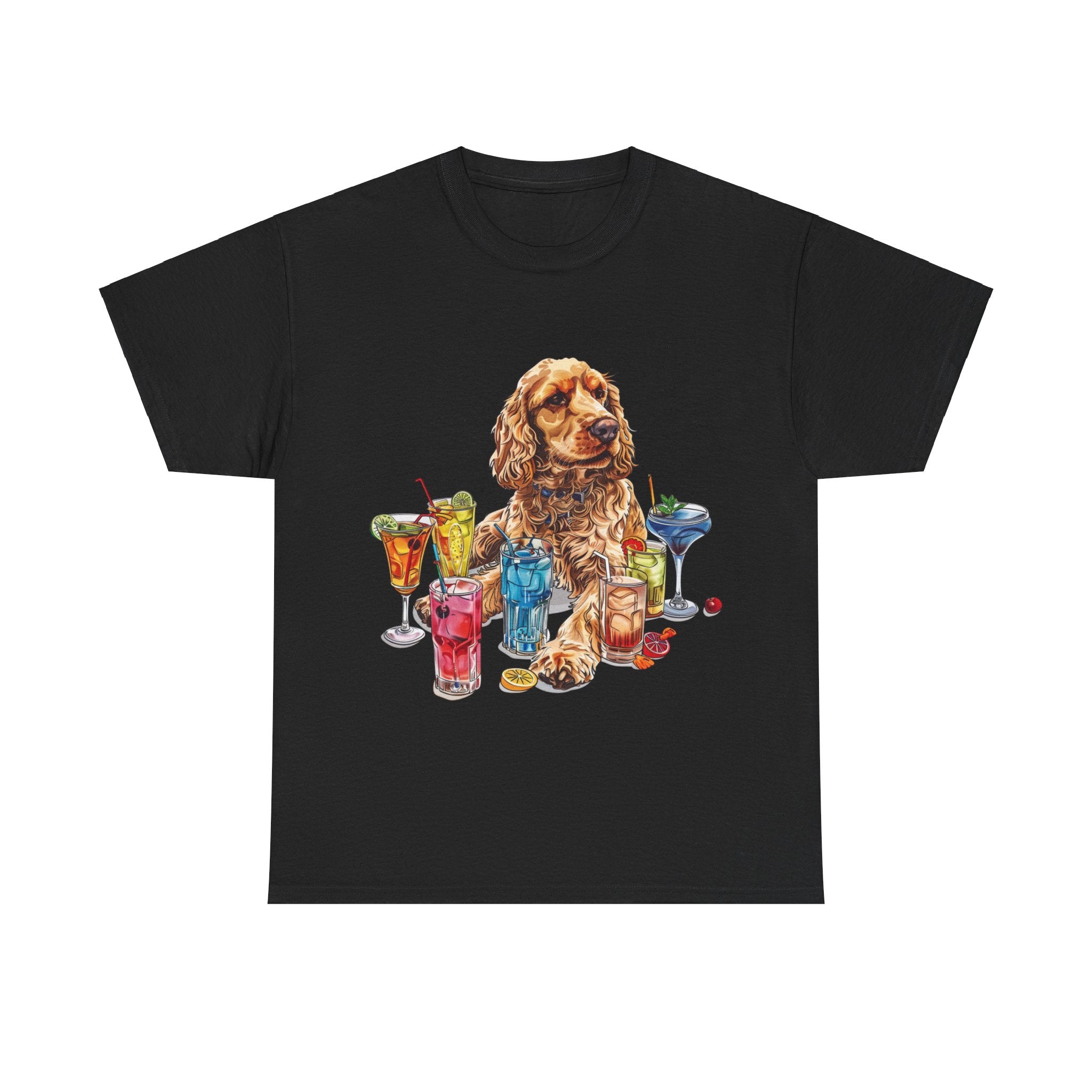 Printify T-Shirt Black / S Charming Cocker Spaniel with Refreshing Cocktails – A Splash of Fun