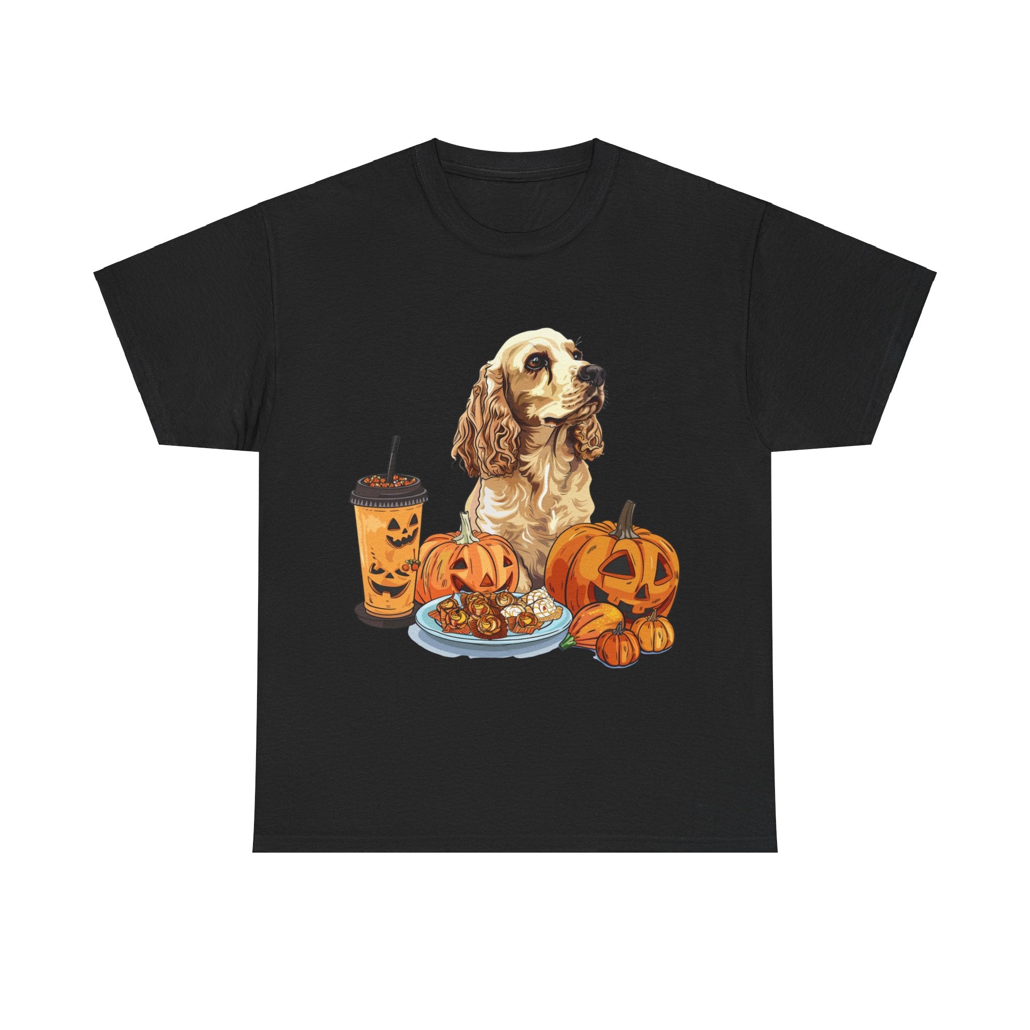 Printify T-Shirt Black / S Cocker Spaniel Halloween Design with Pumpkins and Sweet Treats – Ideal for Dog Lovers