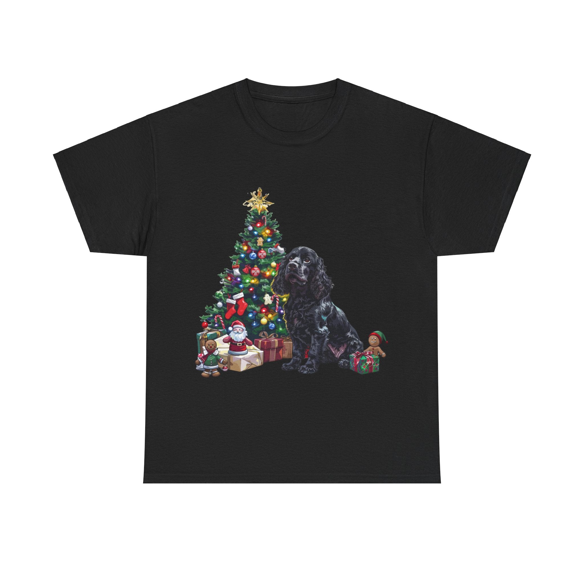 Printify T-Shirt Black / S Cocker Spaniel with Christmas Tree and Gifts – Festive Holiday Dog Art