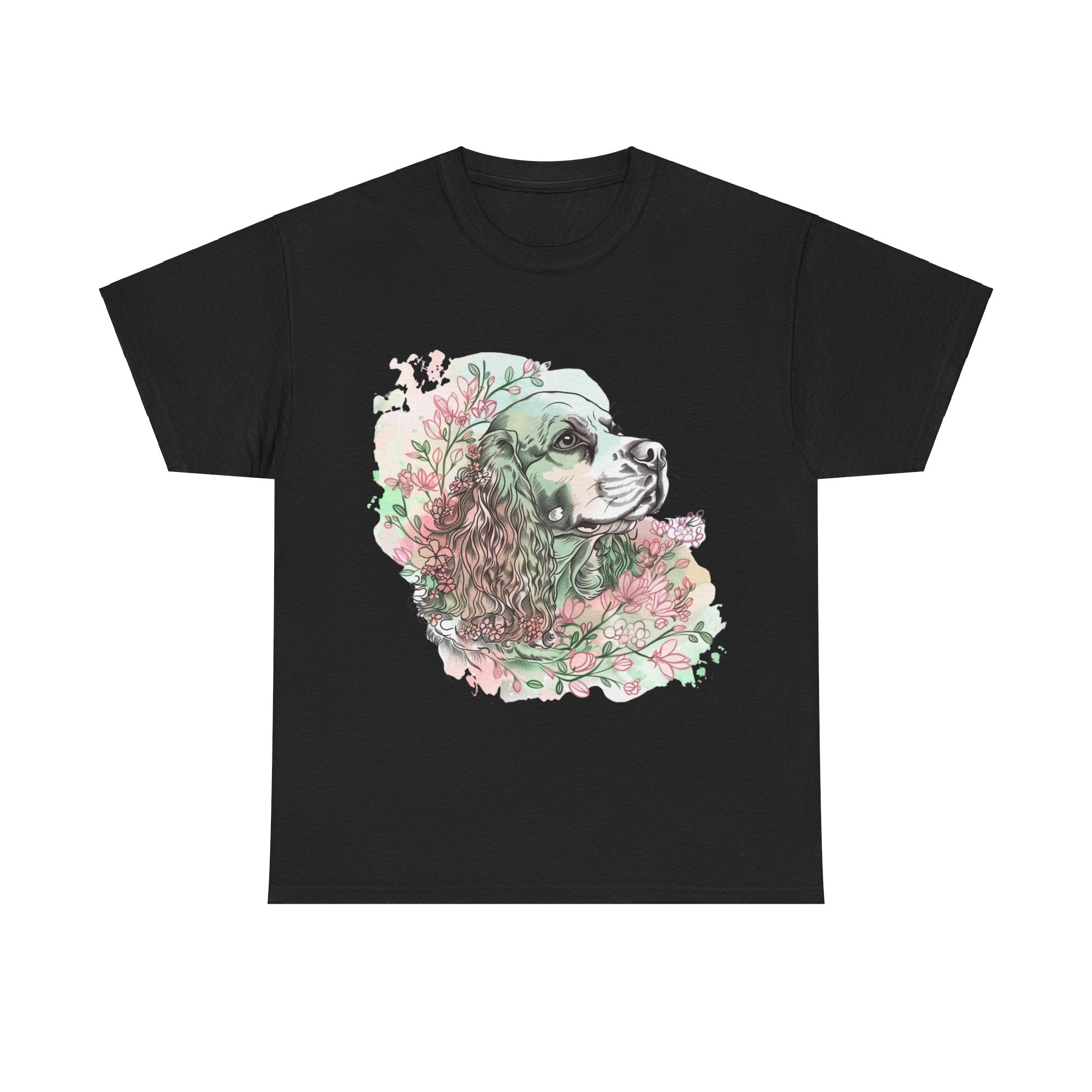 Printify T-Shirt Black / S Cocker Spaniel with Floral Accents – Artistic Dog Illustration