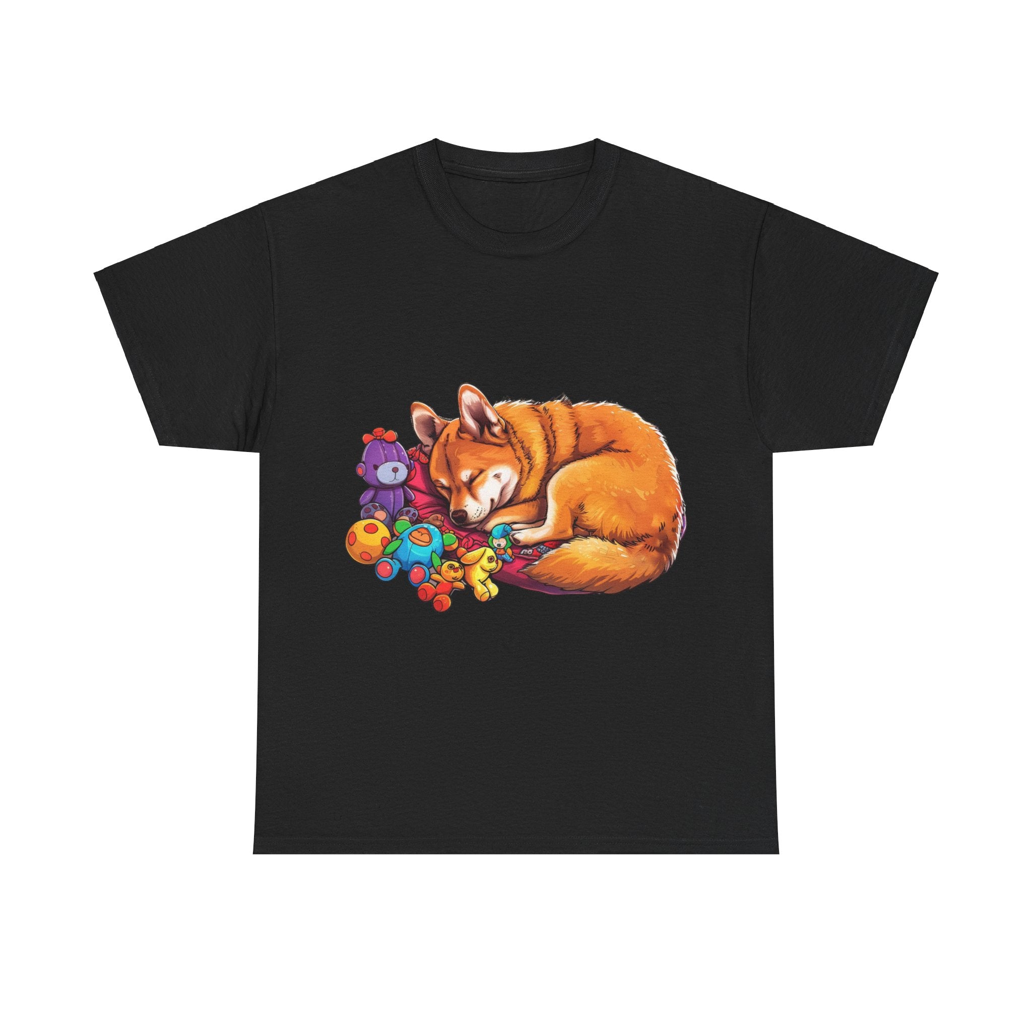 Printify T-Shirt Black / S Cozy Shiba Slumber – Dog Sleeping with Plush Toys Design