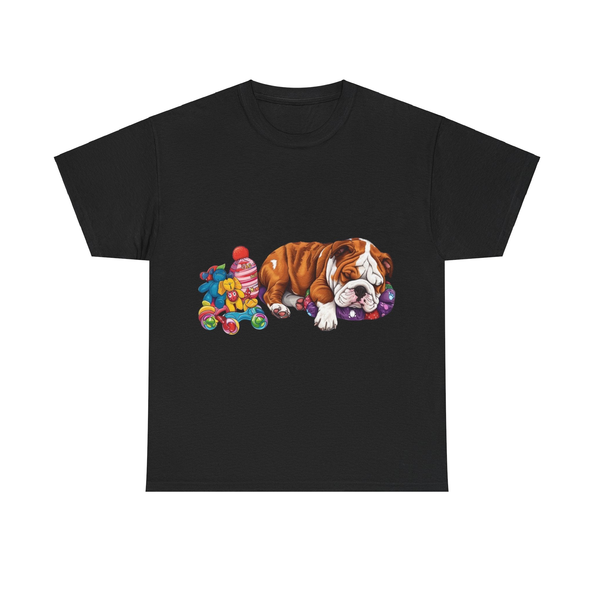 Printify T-Shirt Black / S Cozy Sleeping Bulldog with Toys – Delightful Design for Dog Lovers